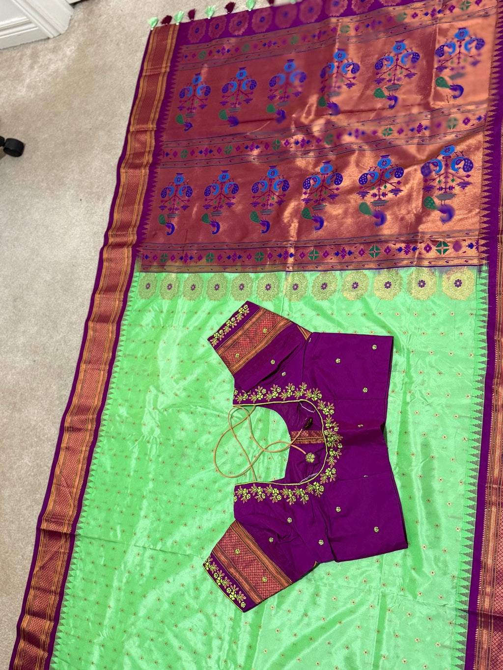 Gadwal Handloom pure silk sarees in rare colors and ready to wear blouse with embroidered blouse fits up to 32 -46 saree is ready fall pico