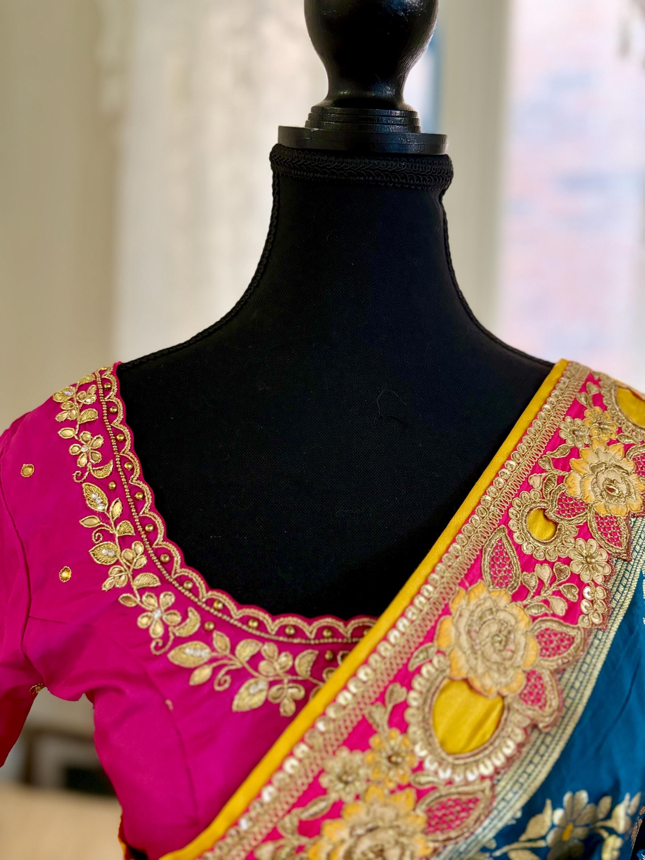 Beautiful party wear cocktail pure silk   Banarasi and Raw mango half and half designer saree paird with pretty maggam blouse 32-40 size