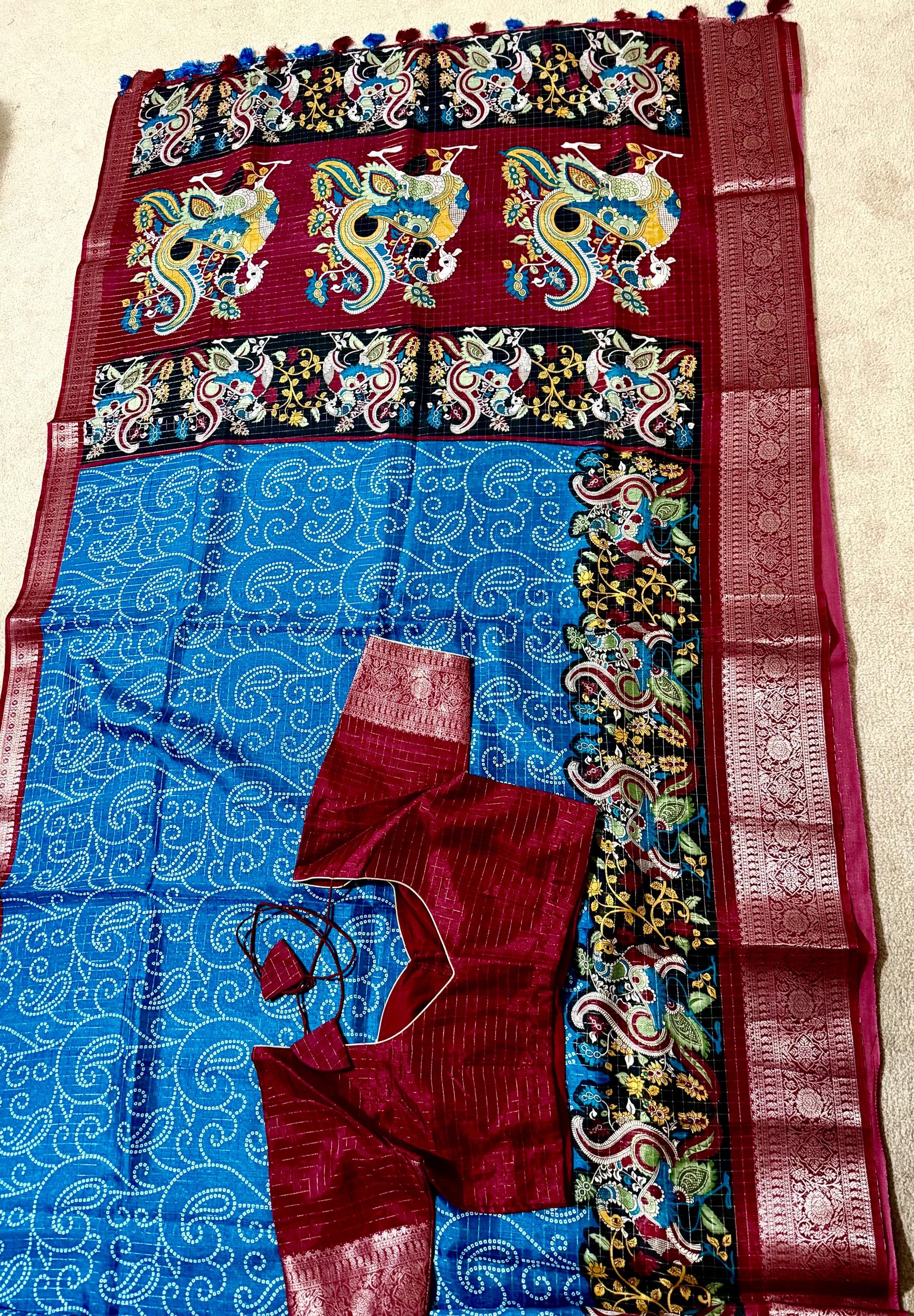 Beautiful Light weight Emarald silk saree  with Kanchi boarder  Bhandini prints ready blouse fits 32 to 46 with beautiful color combo