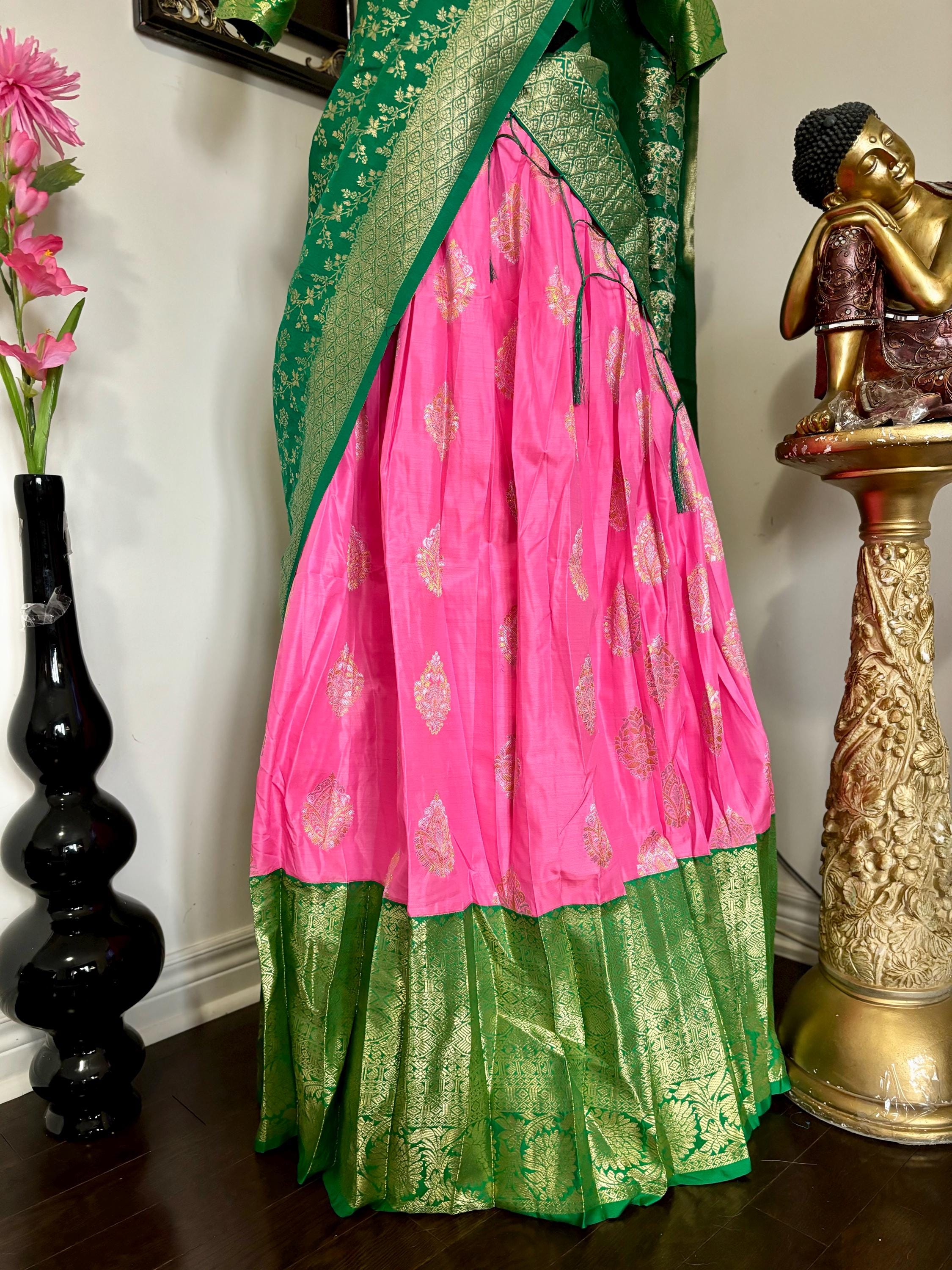 Beautiful colors Kanchi pattu Lihanga with beautiful Kanchi boarder is made of Handloom cloths ready with ready to wear blouse sizes 32 - 48