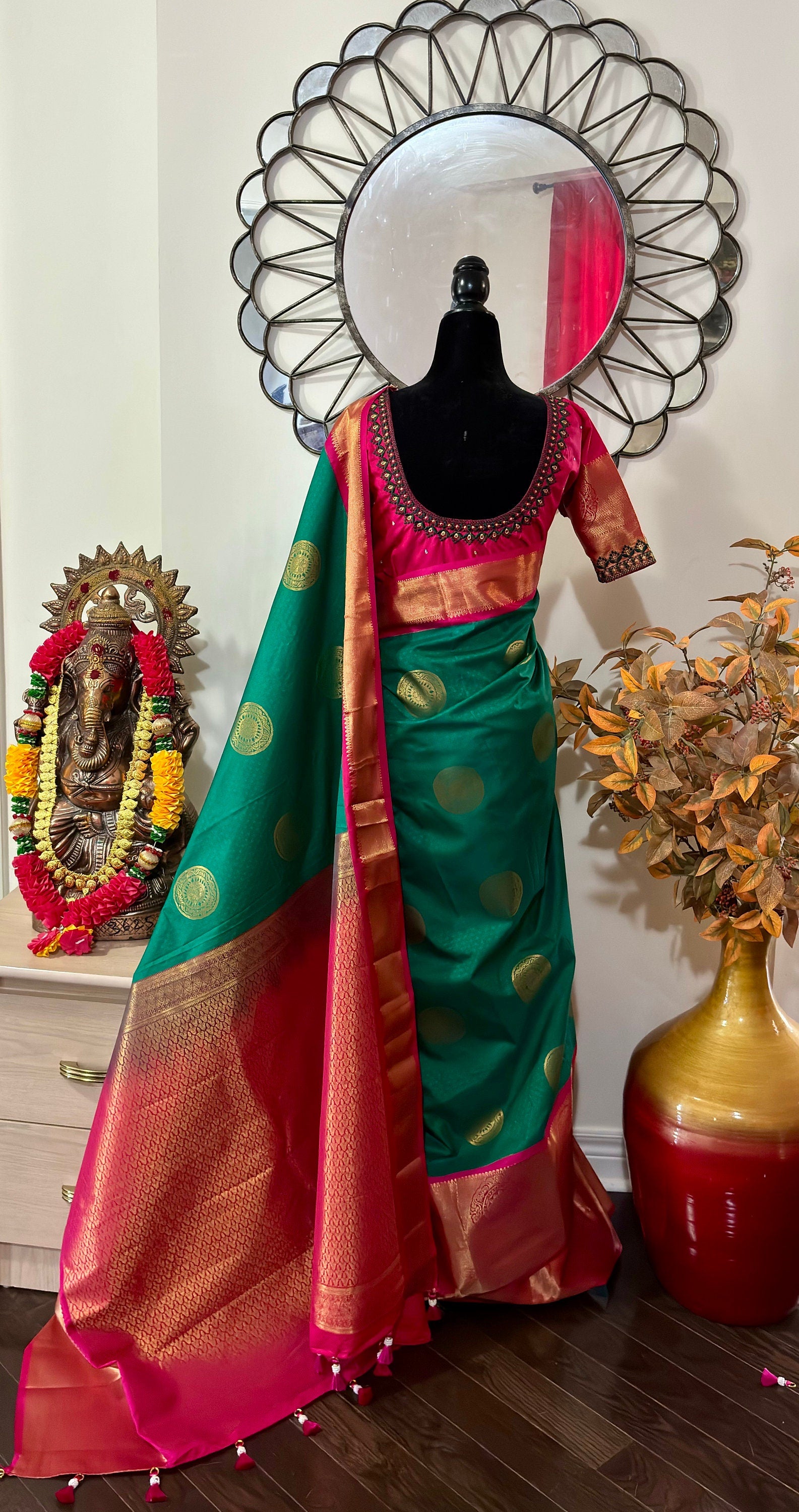 Kanchipuram soft silk saree in rare colors with beautifully done hand  made embroidered blouse with ready to wear work blouse fits 32 to 46