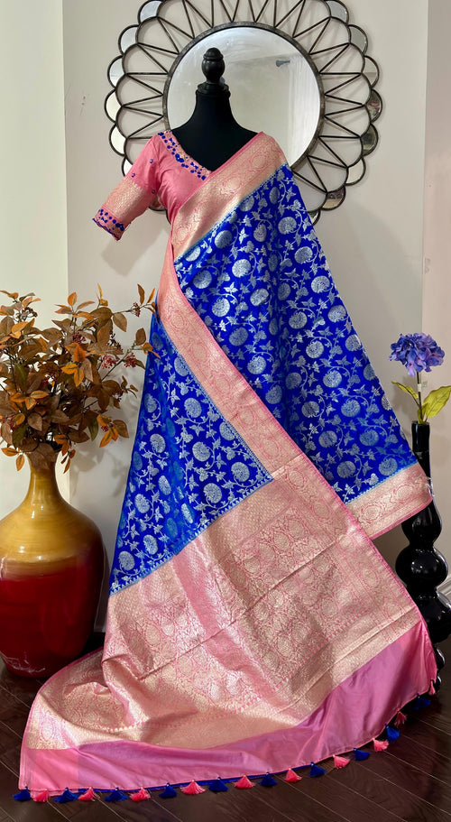 Beautiful banarasi silk saree paired up with beautiful embroidery blouse fits to 32 to 46 in beautiful rare colors all over jaal. Cocktails