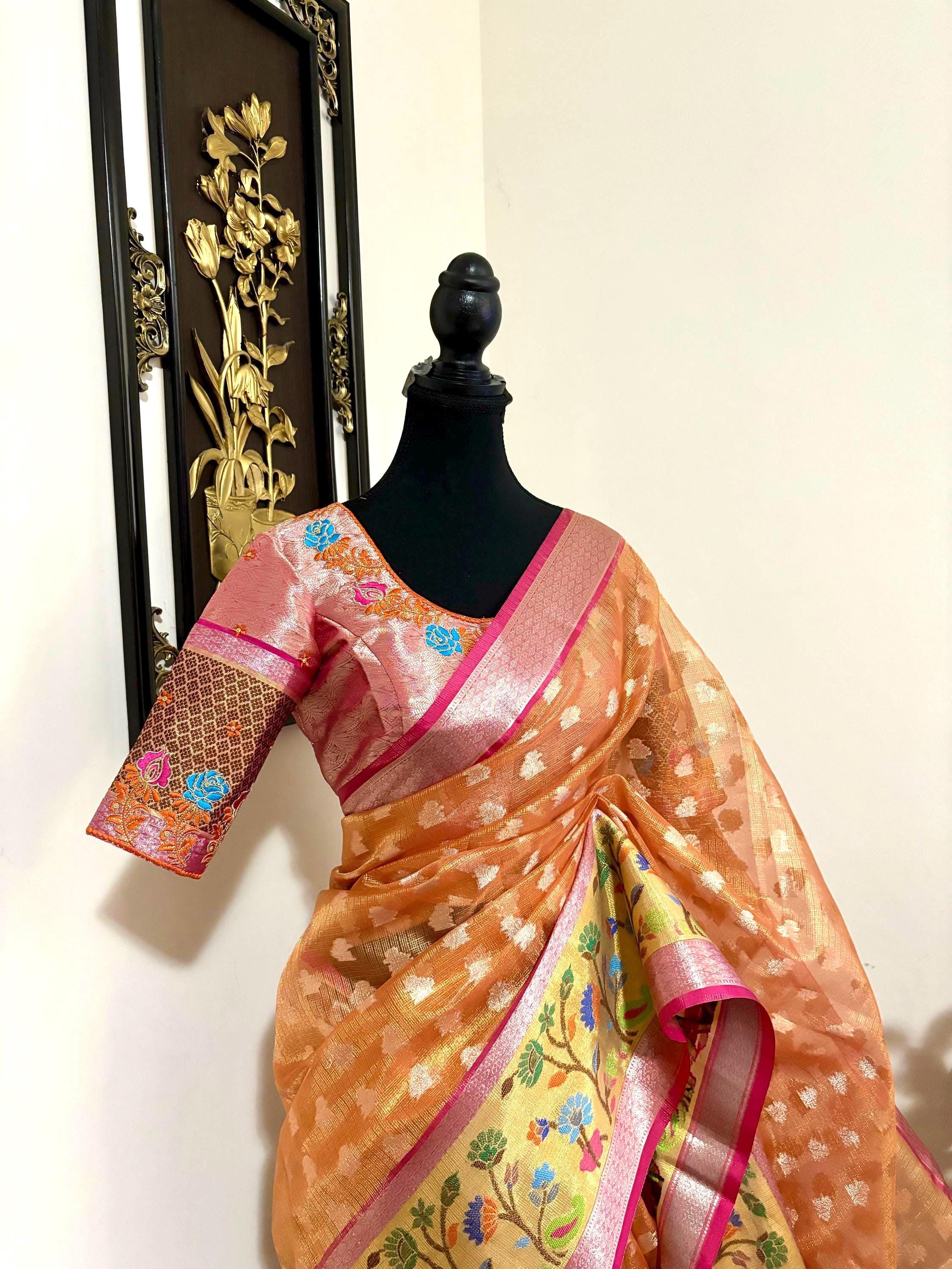 Beautiful Tissue Zari Kota saree with pythani  Zari boardes and beautifully done blouse paired up with pretty blouse fits up to 32 to 46