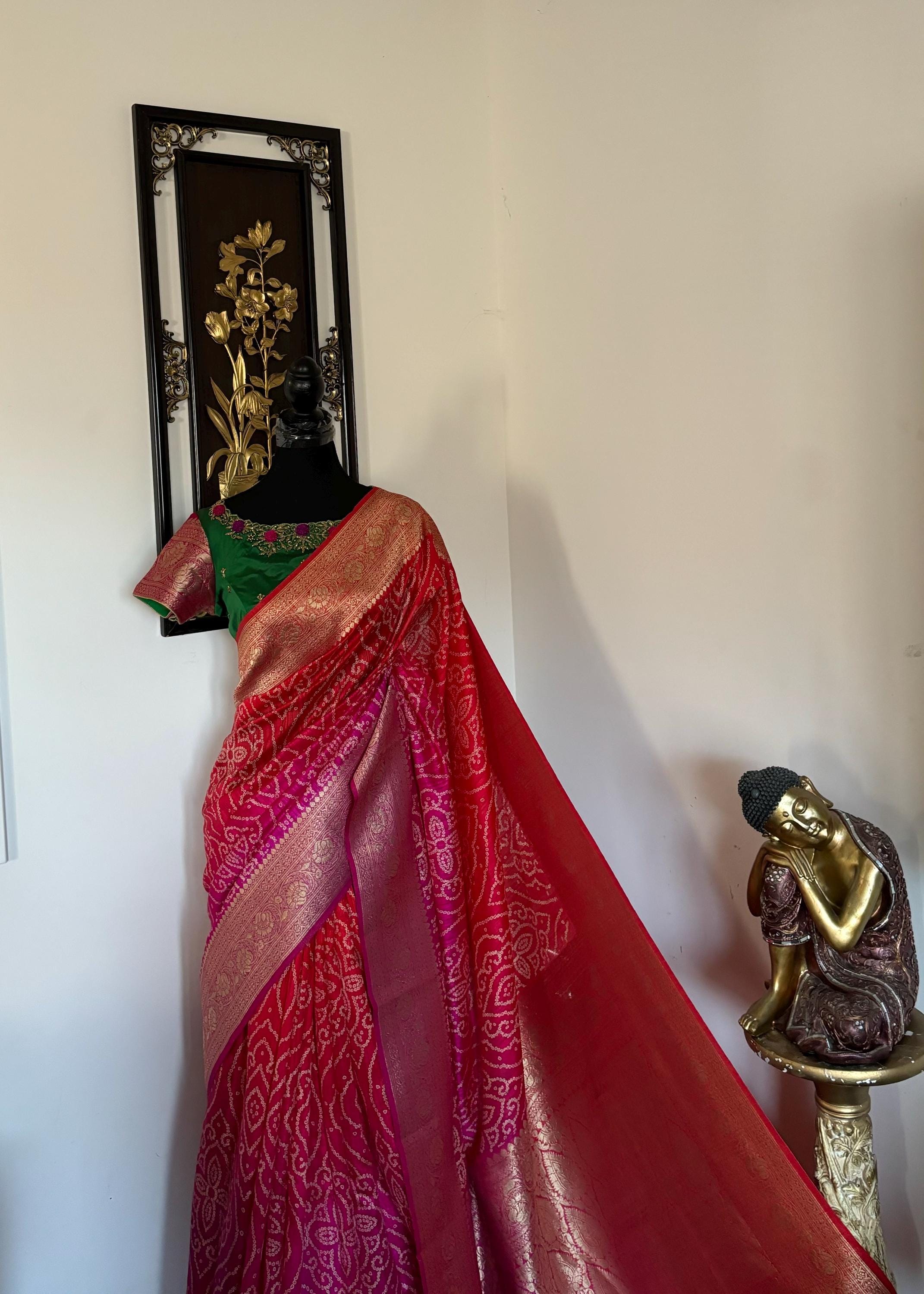 Beautiful cocktail dual shade banarasi  bandhini silk saree paired up pretty maggam blouse fits  sizes 32 -46 ready to wear prettiest blouse