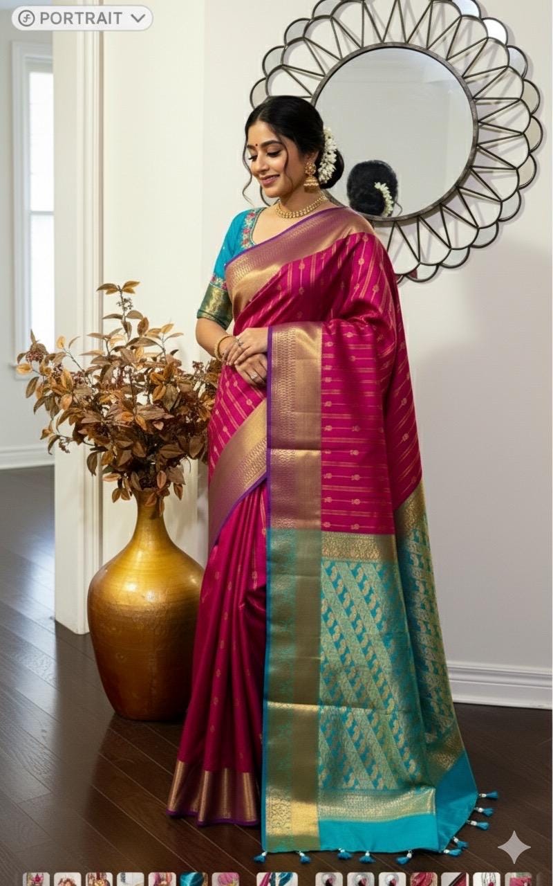 Kanchipuram soft silk saree in rarecolors with beautifully done hand  made embroidered blouse with readytowear work blouse fitsup to32 to 46