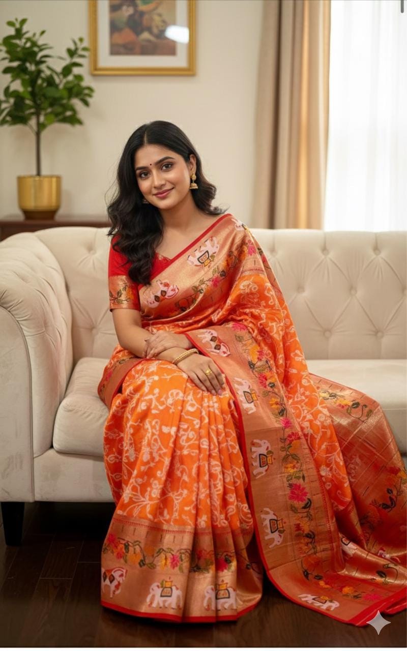 Beautiful Banarasi pythani saree in beautiful color with beautiful boarder and beautiful Pallu. Ready to wear maggam designer blouse 32-46