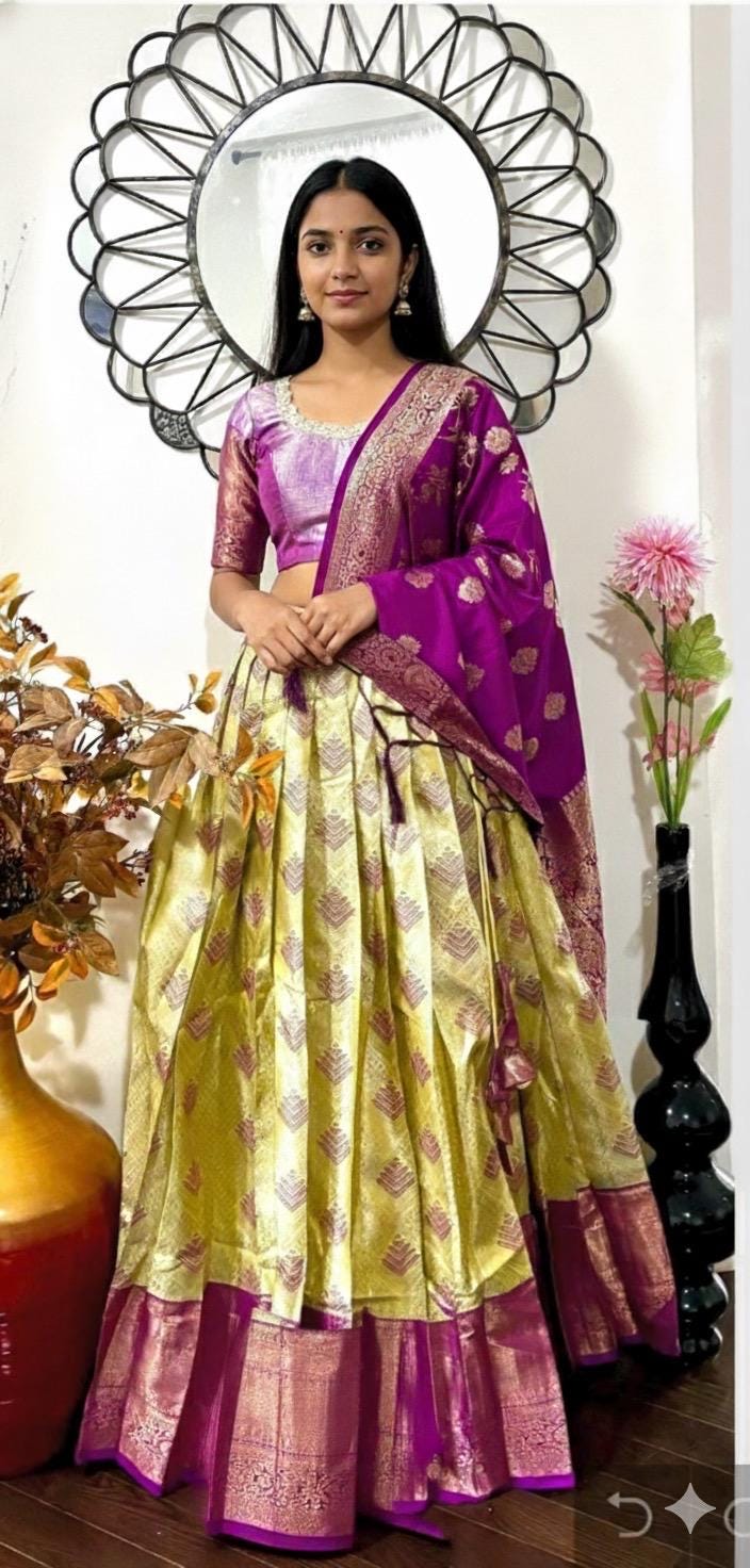 Beautiful colors Kanchi pattu Lihanga with beautiful Kanchi boarder is made of Handloom cloths ready with ready to wear blouse sizes 32 - 48