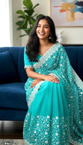 Beautiful shimmer georgett handloom georgette silk saree all over beautiful pearl and thread  weaving and beautiful boarder ready blouse