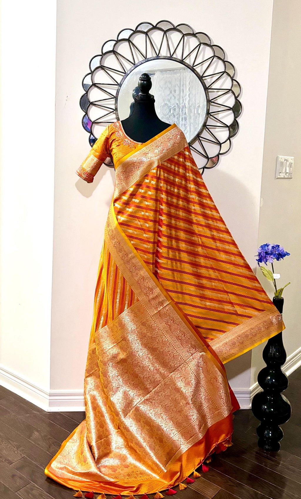 Pure silk  banarasi silk saree paired up with beautiful embroidery blouse fits to 32 to 46 in beautiful rare colors all over jaal. Cocktails