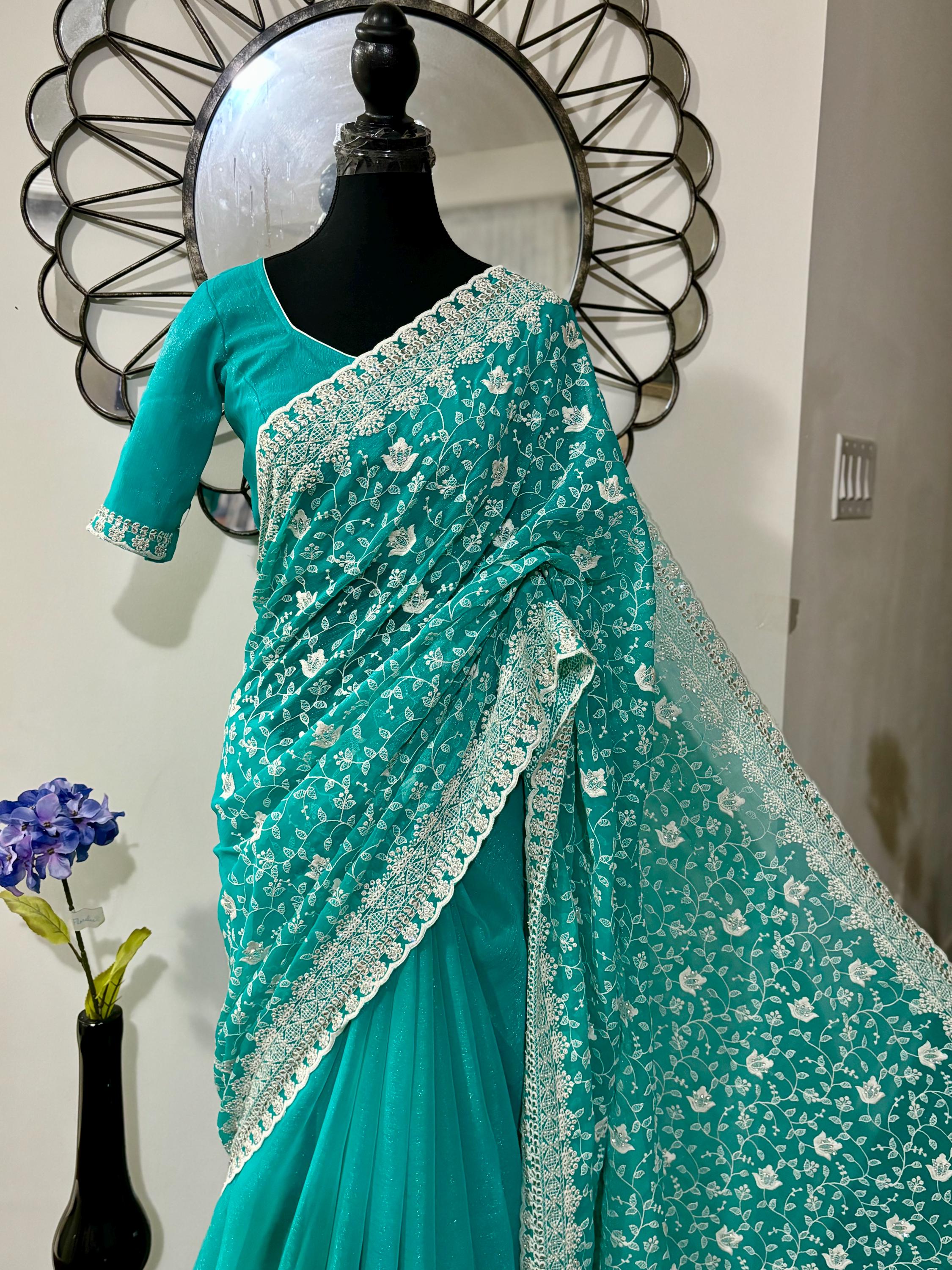 Beautiful shimmer georgett handloom georgette silk saree all over beautiful pearl and thread  weaving and beautiful boarder ready blouse