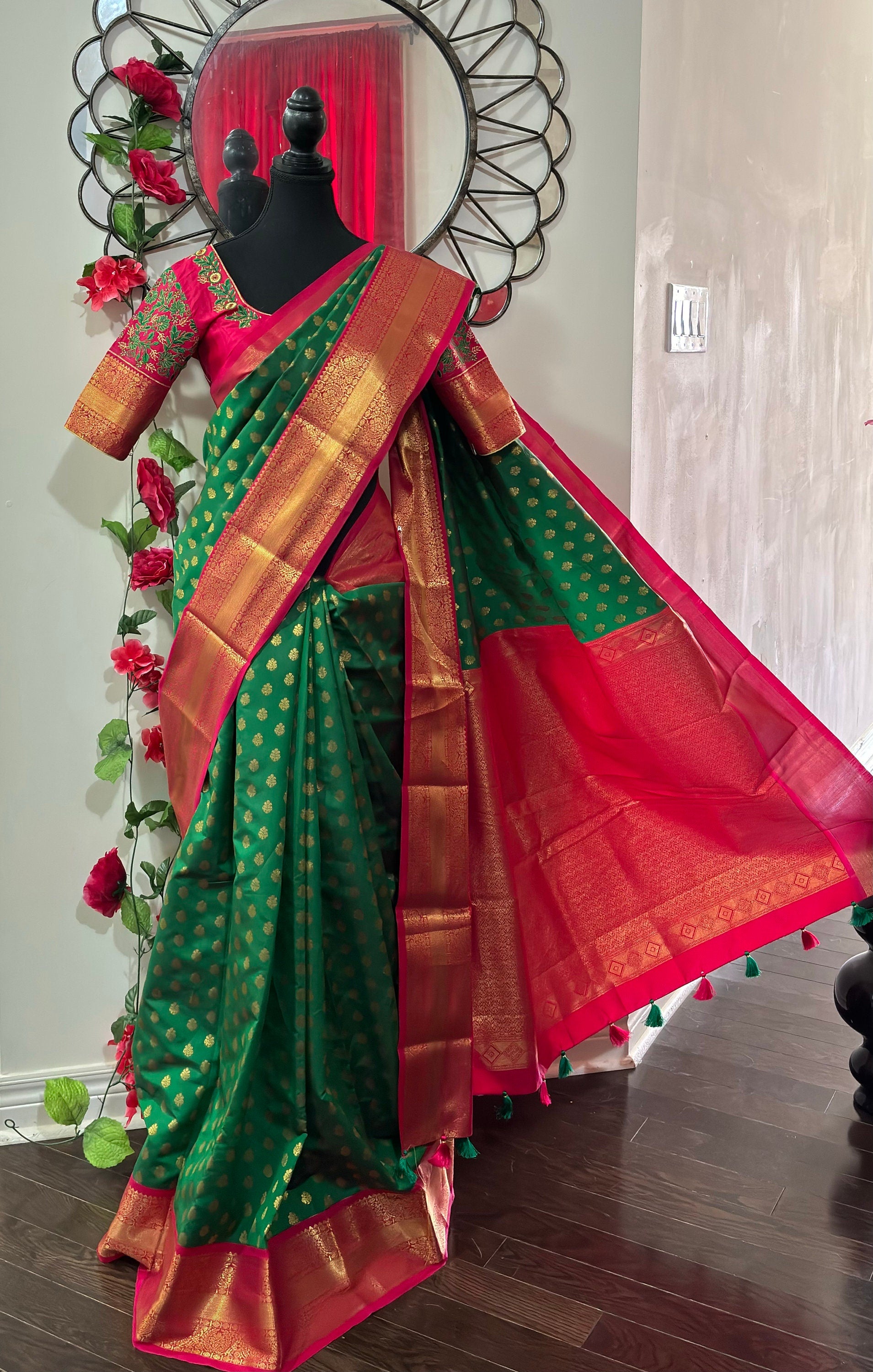Kanchipuram soft silk saree in rarecolors with beautifully done hand  made embroidered blouse with readytowear work blouse fitsup to32 to 46