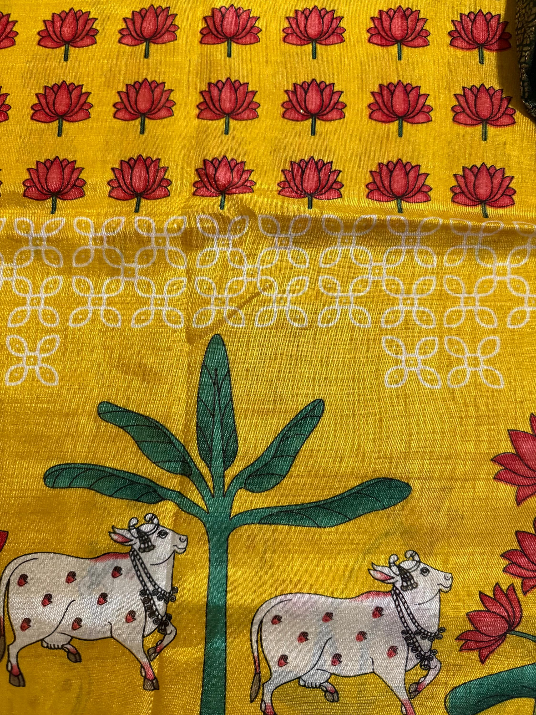 Beautiful Pichwai Kalamkari Prints soft silk saree with Kanchi boarder lotus and cow  prints Saree is ready with blouse and fall and pico