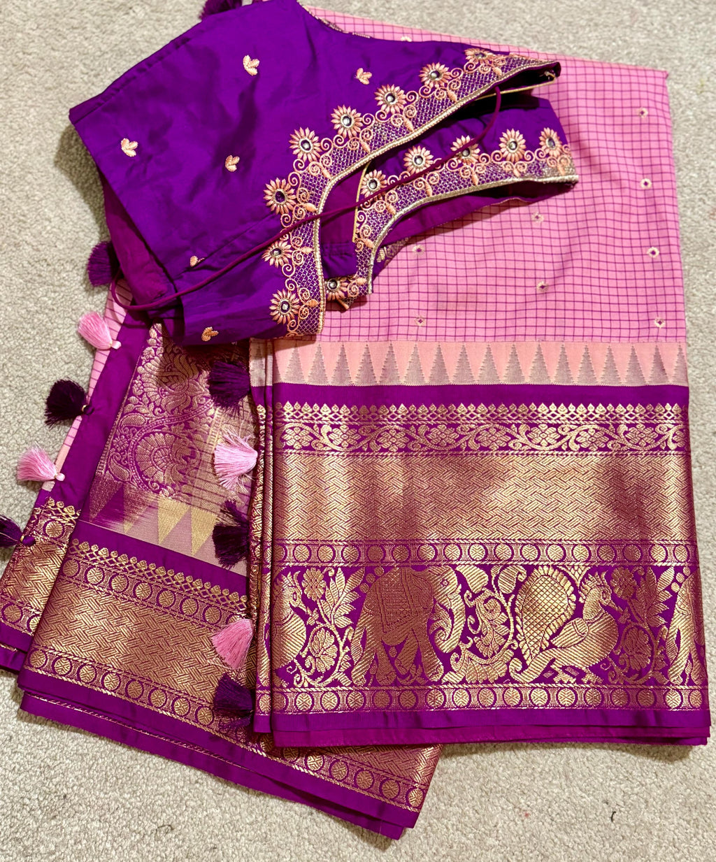 Gadwal Handloom pure silk sarees in rare colors and ready to wear blouse with embroidered blouse fits up to 32 -46 saree is ready fall pico