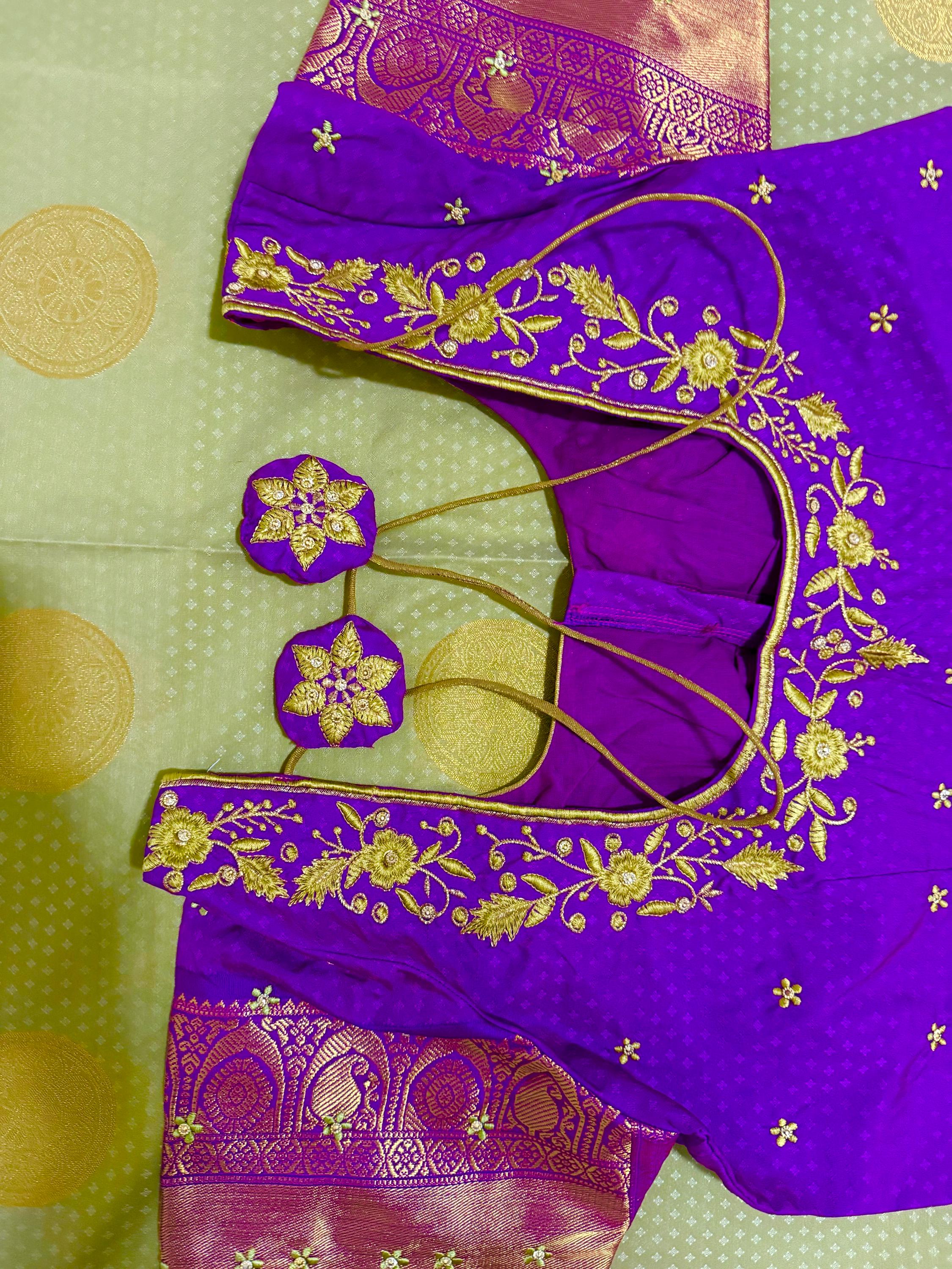 Kanchipuram soft silk saree in rare colors with beautifully done hand  made embroidered blouse with ready to wear work blouse fits 32 to 46