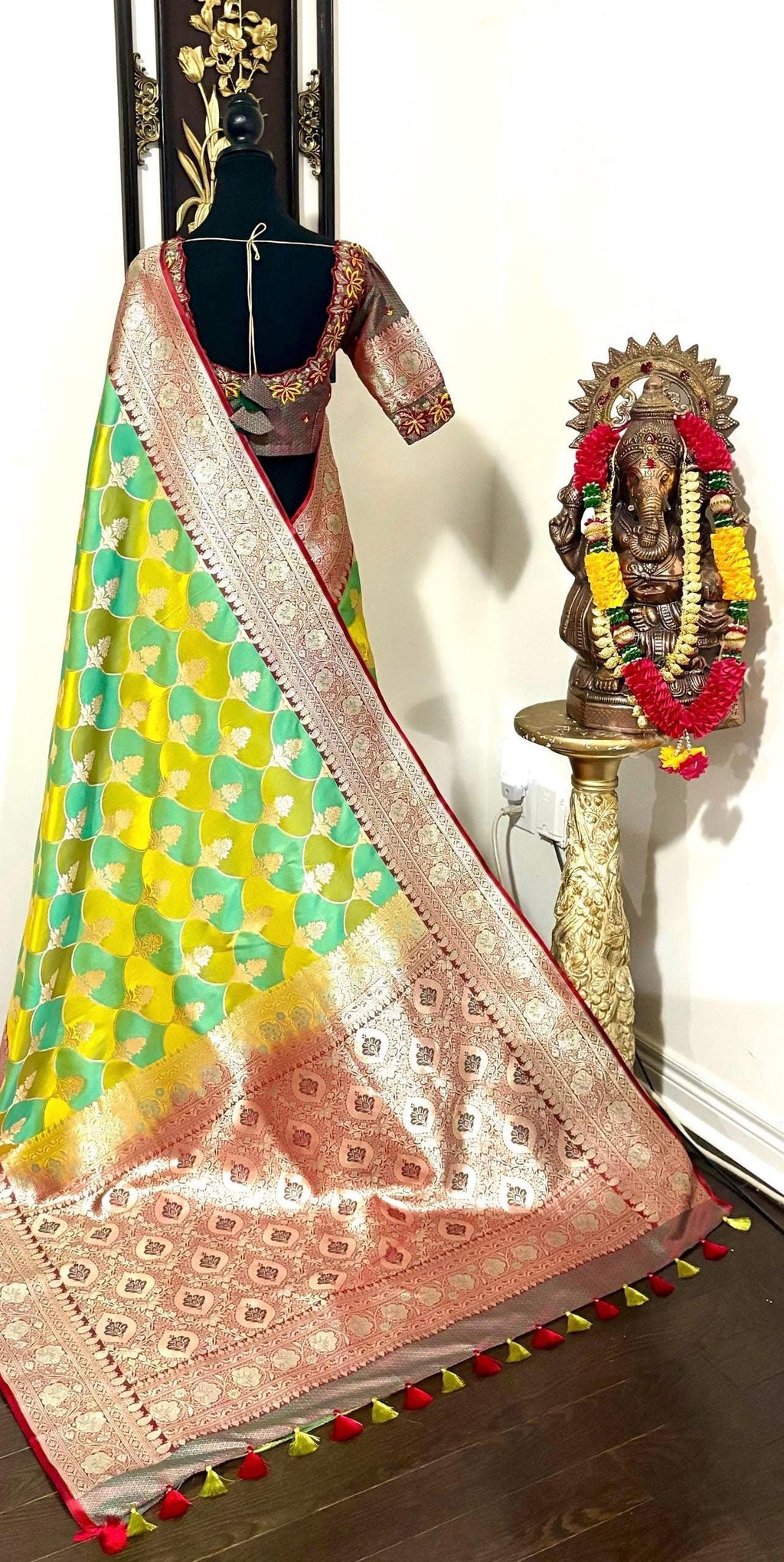 Pure silk  banarasi silk saree paired up with beautiful embroidery blouse fits to 32 to 46 in beautiful rare colors all over jaal. Cocktails