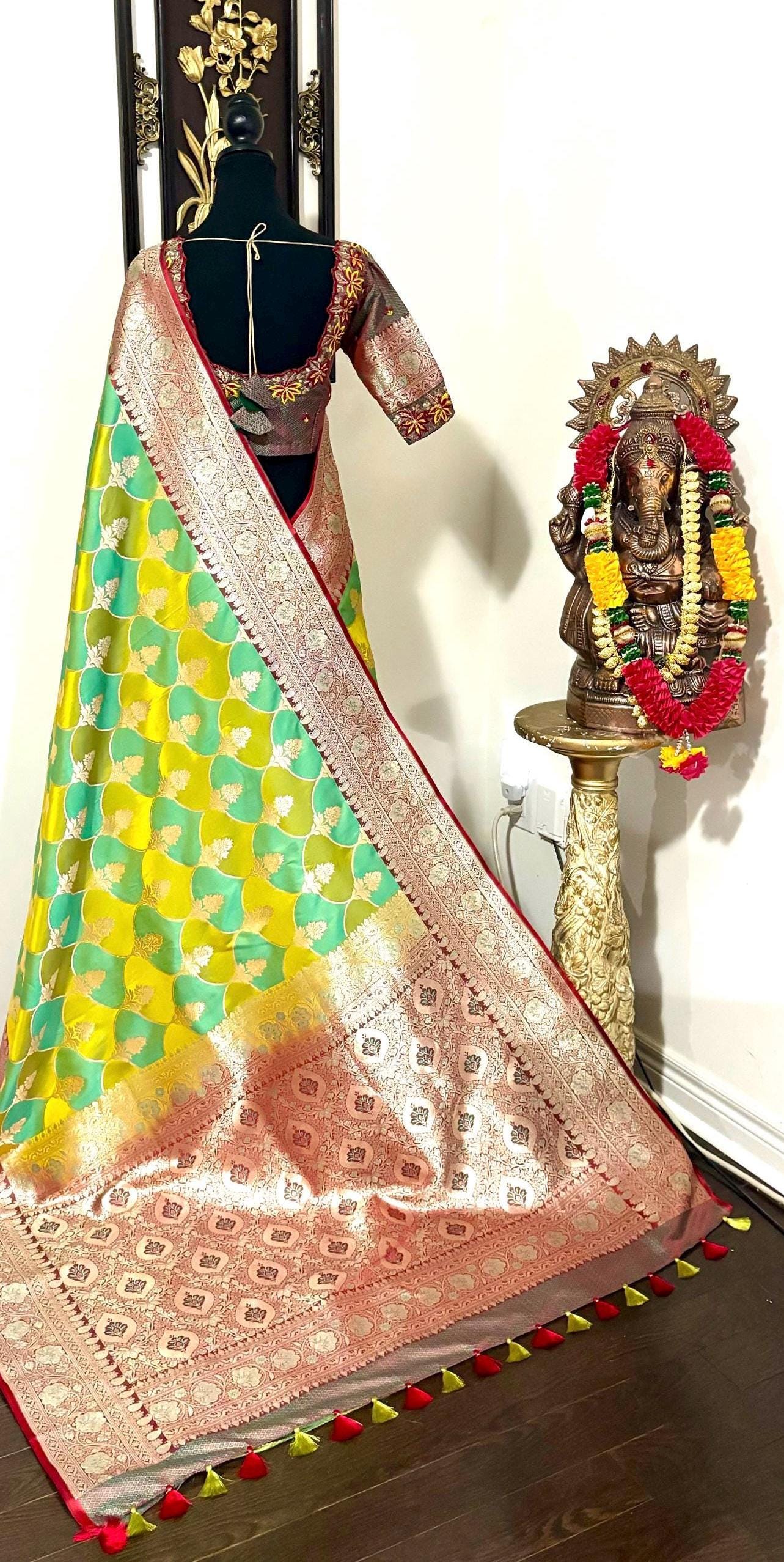 Pure silk  banarasi silk saree paired up with beautiful embroidery blouse fits to 32 to 46 in beautiful rare colors all over jaal. Cocktails