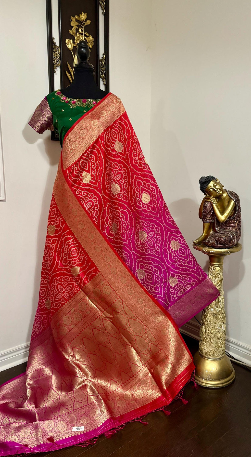 Beautiful cocktail dual shade  bandini silk saree paired up pretty maggam blouse fits  sizes 32 -46 ready to wear prettiest blouse