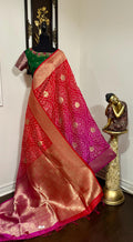Beautiful cocktail dual shade  bandini silk saree paired up pretty maggam blouse fits  sizes 32 -46 ready to wear prettiest blouse