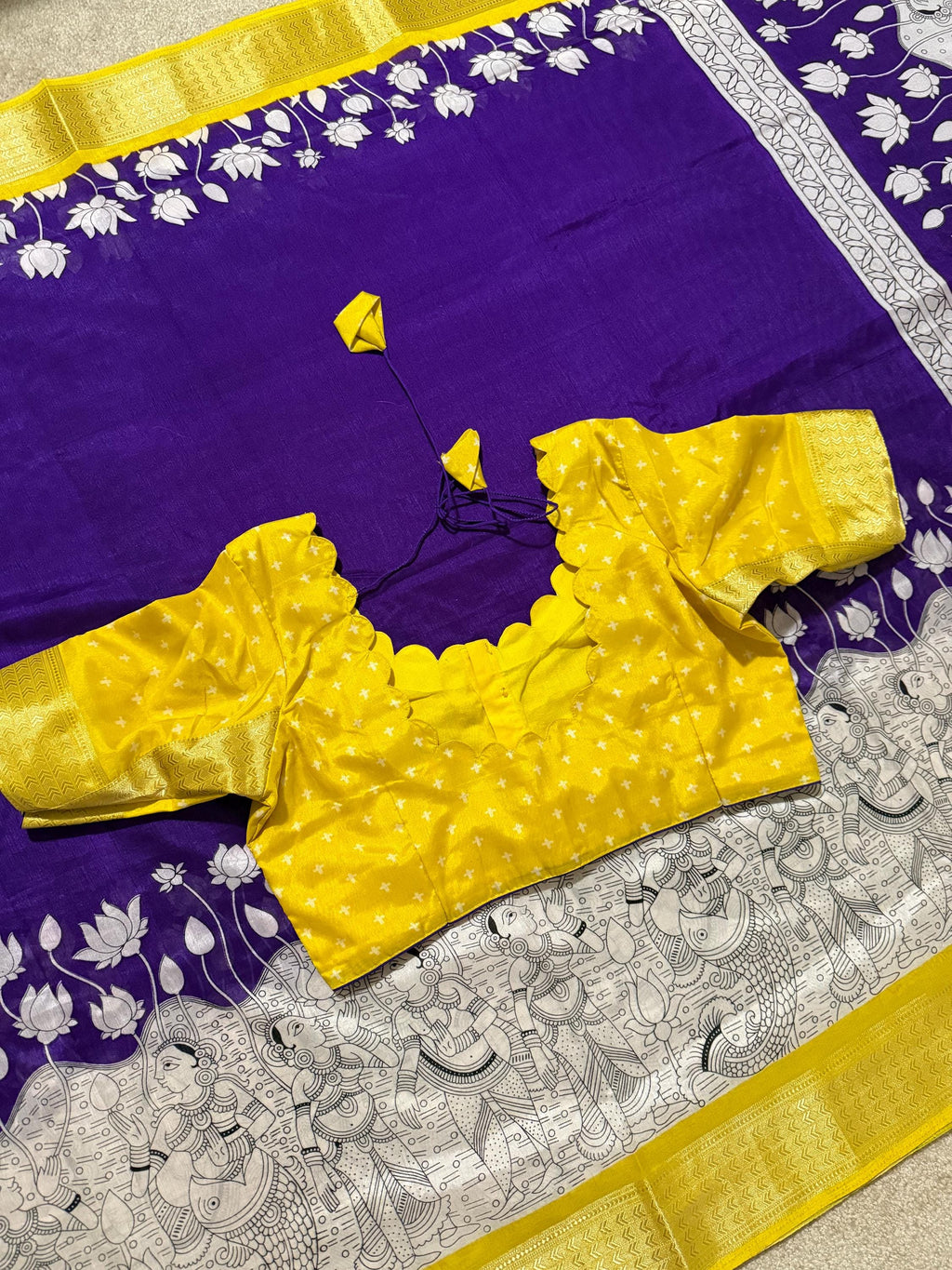 Light weight easy to drape Soft Silk fancy Saree; with beautiful Kanchi boarder , with Kalamkari design ready to wear Blouse fits 32-46