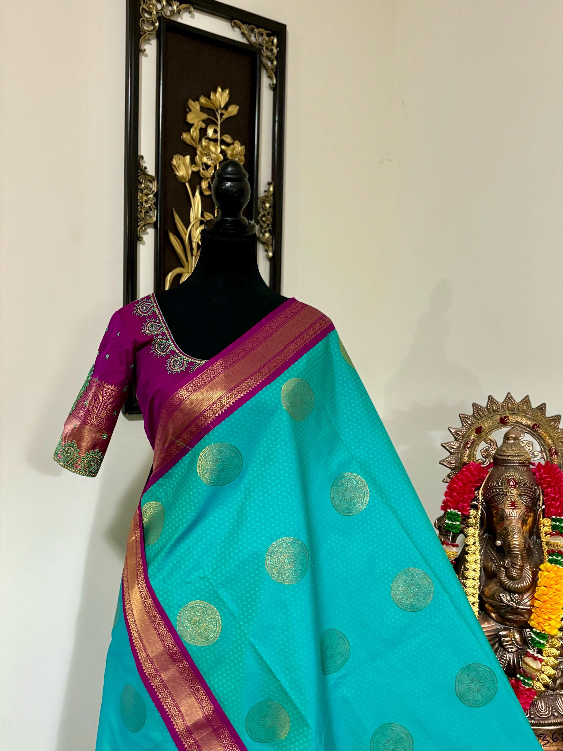 Kanchipuram soft silk saree in rare colors with beautifully done hand  made embroidered blouse with ready to wear work blouse fits 32 to 46