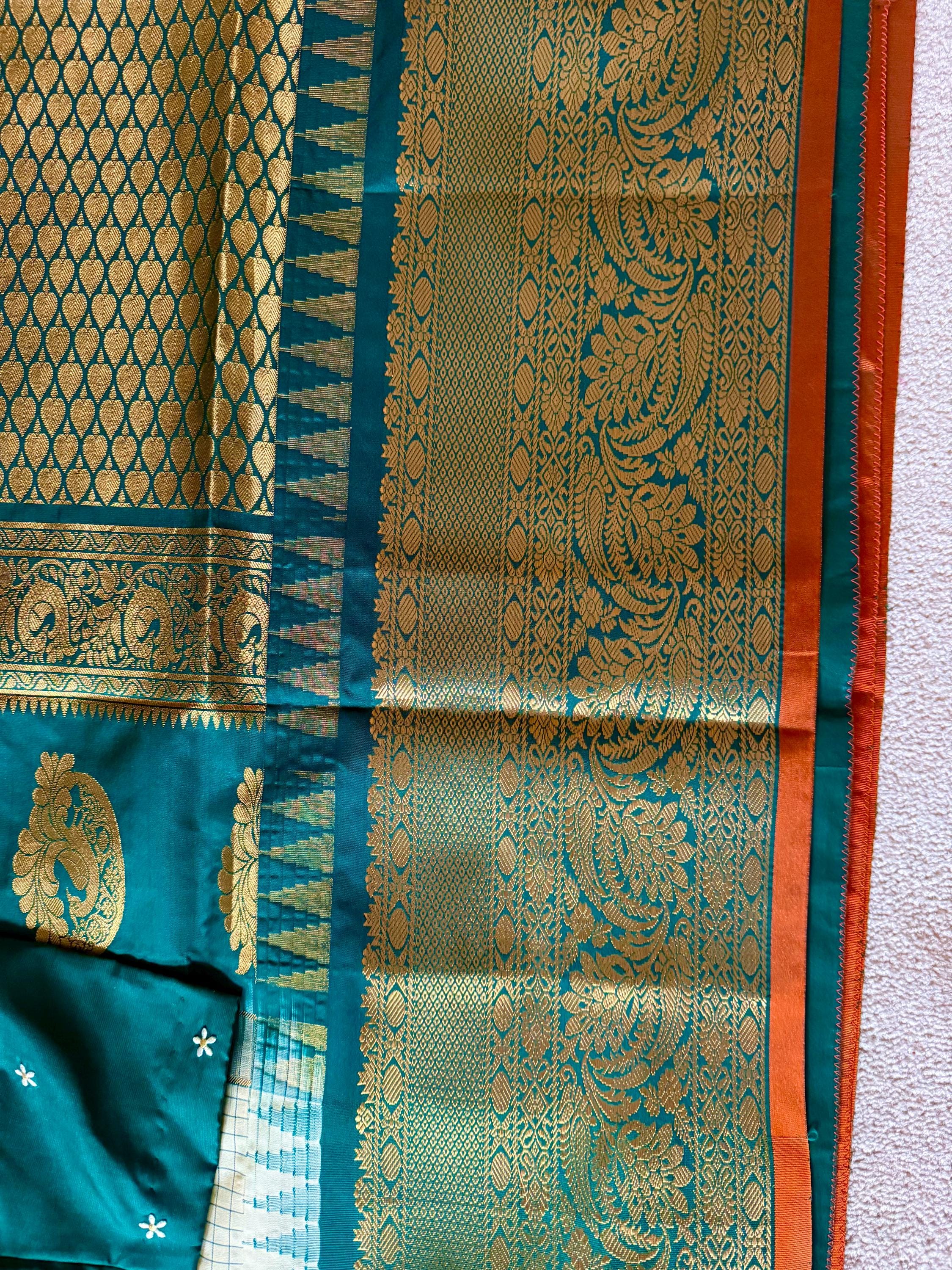 Gadwal Handloom pure silk sarees in rare colors and ready to wear blouse with embroidered blouse fits up to 32 -46 saree is ready fall pico