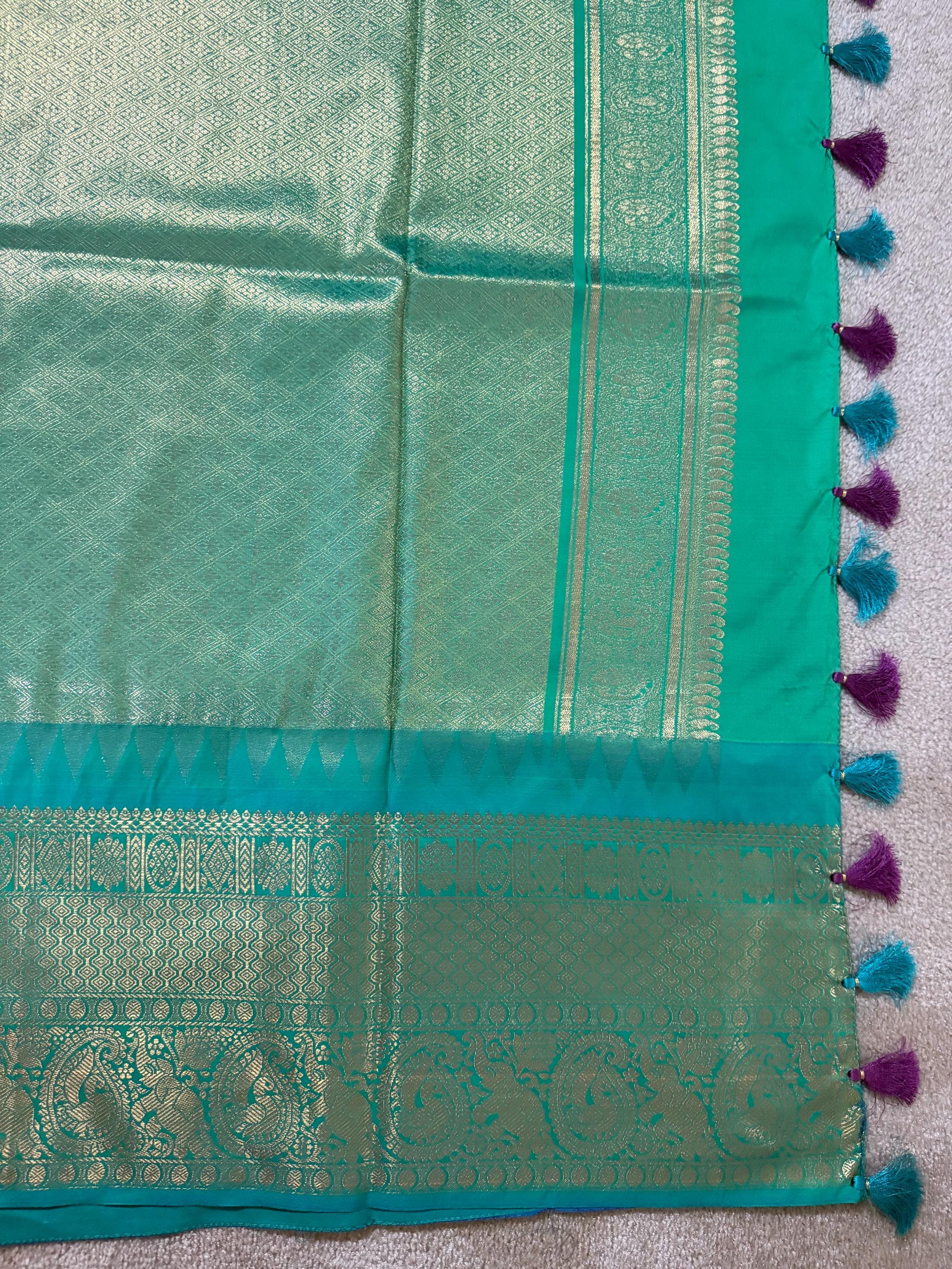 Gadwal Handloom pure silk sarees in rare colors and ready to wear blouse with embroidered blouse fits up to 32 -46 saree is ready fall pico