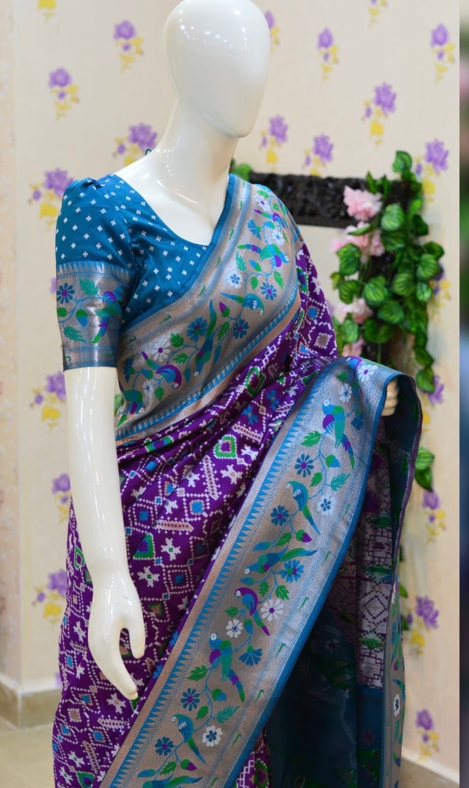 Beautiful patola paithani saree paired up with pretty banaras weaving blouse