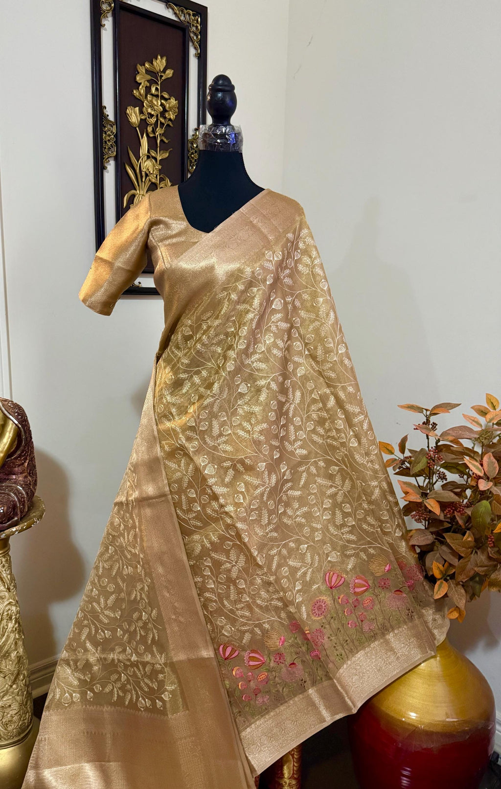 Beautiful gold tissue silk saree with all over embroidered floral design all over saree ready to wear designer blouse fits to 32-46