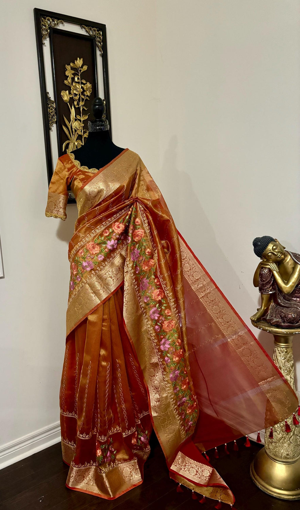 Banarasi  tissue saree with self weaving with beautifully embroidered boarder all over the sareeOrange Gold  shade rich weaving ready Blouse