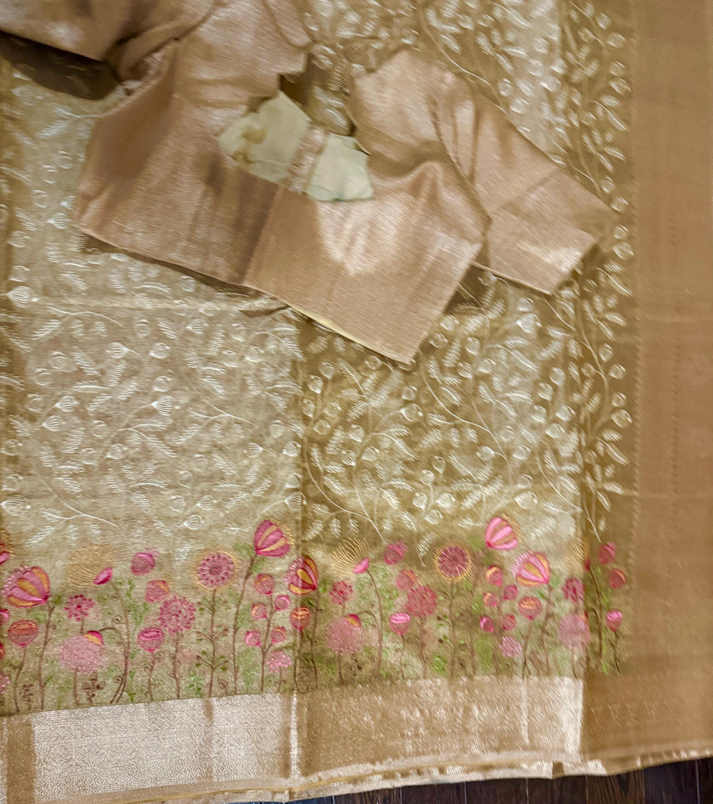 Beautiful gold tissue silk saree with all over embroidered floral design all over saree ready to wear designer blouse fits to 32-46