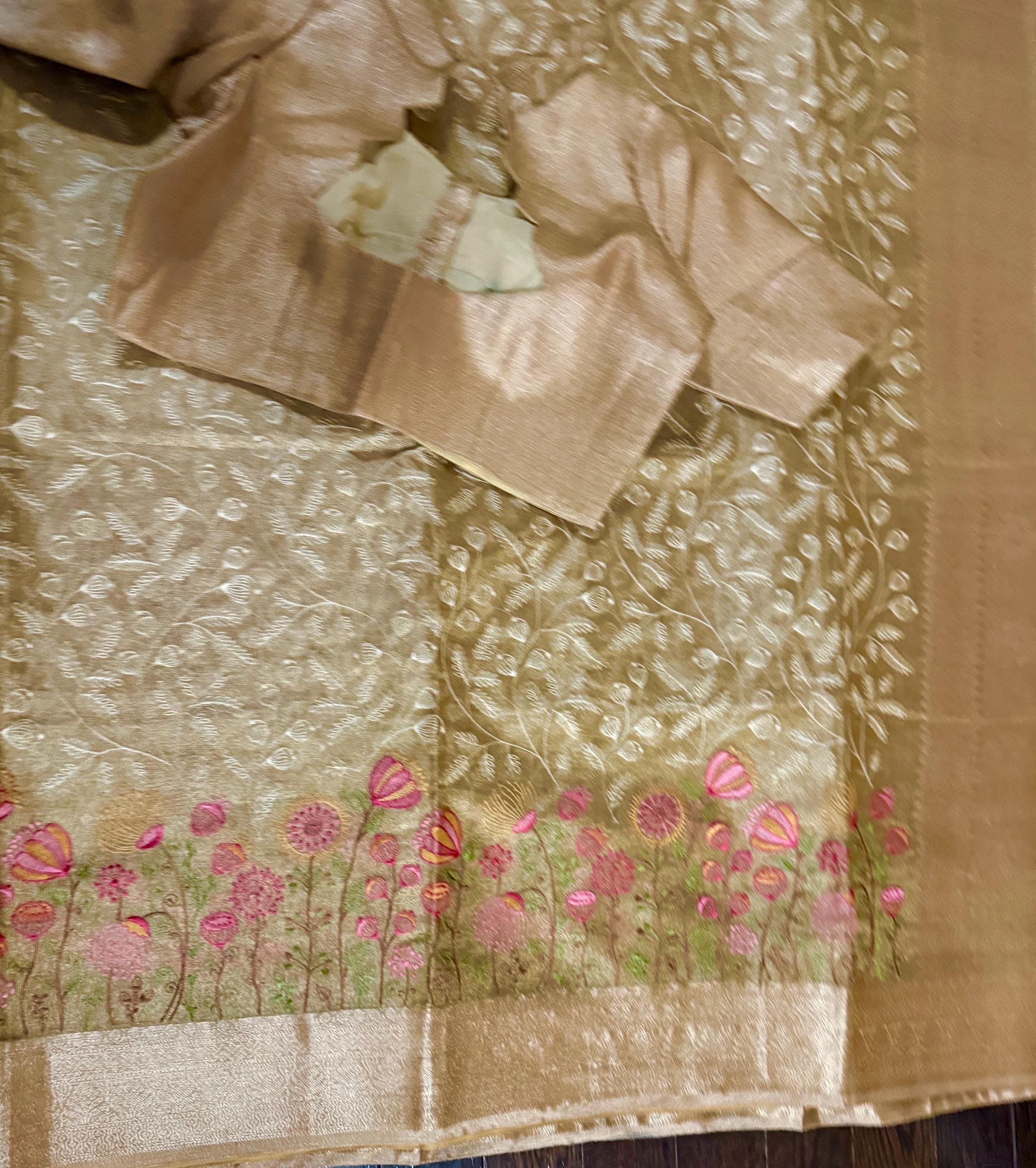 Beautiful gold tissue silk saree with all over embroidered floral design all over saree ready to wear designer blouse fits to 32-46