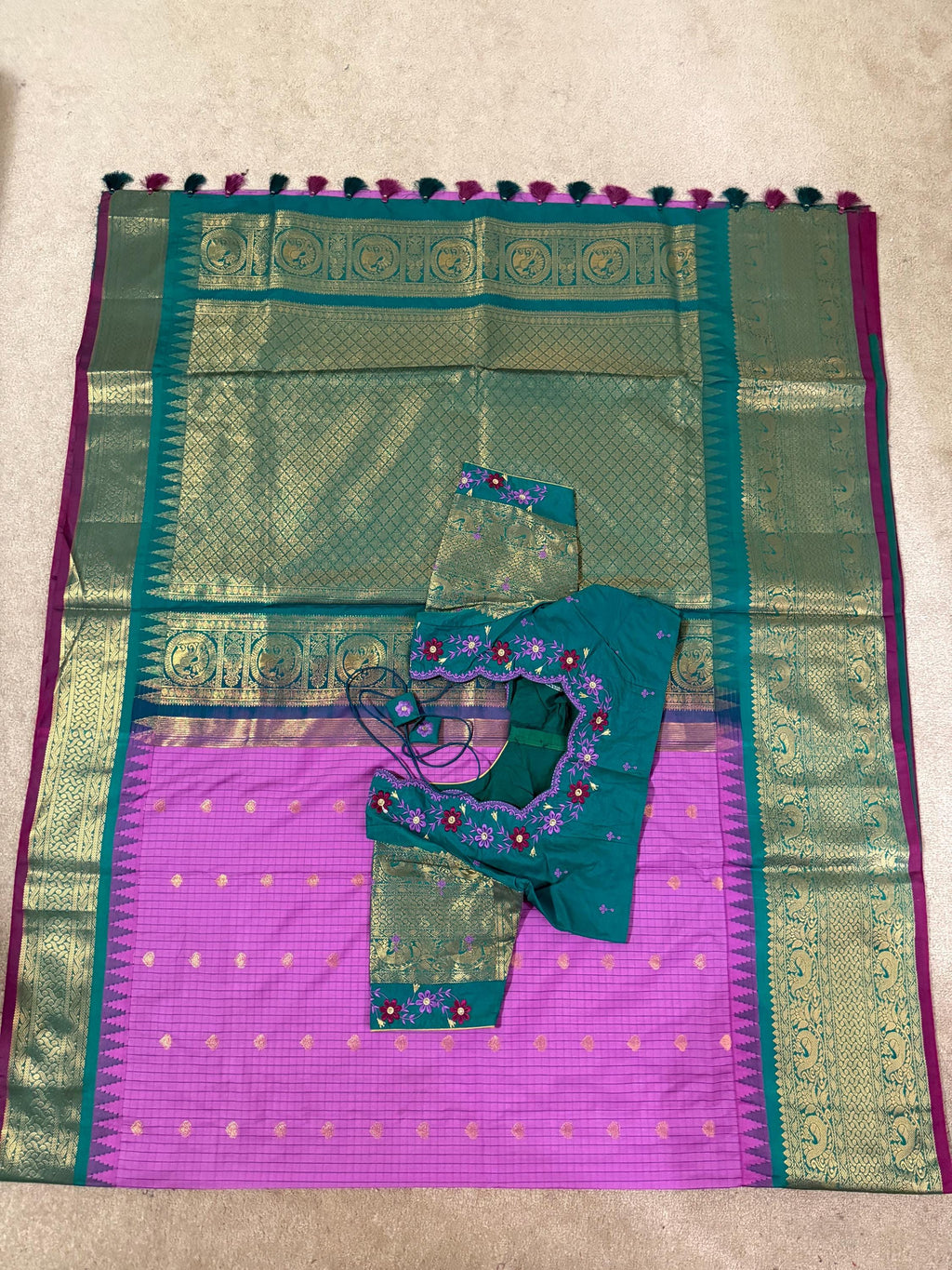 Gadwal Handloom pure silk sarees in rare colors and ready to wear blouse with embroidered blouse fits up to 32 -46 saree is ready fall pico