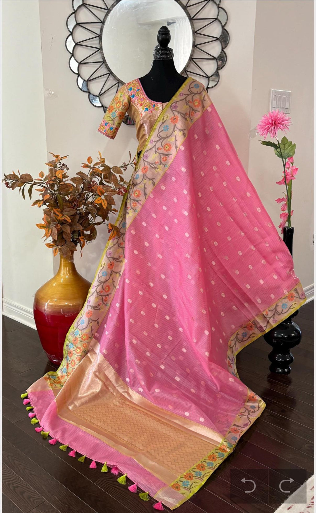 Beautiful Tissue Zari Kota saree with pythani  Zari boardes and beautifully done blouse paired up with pretty blouse fits up to 32 to 46
