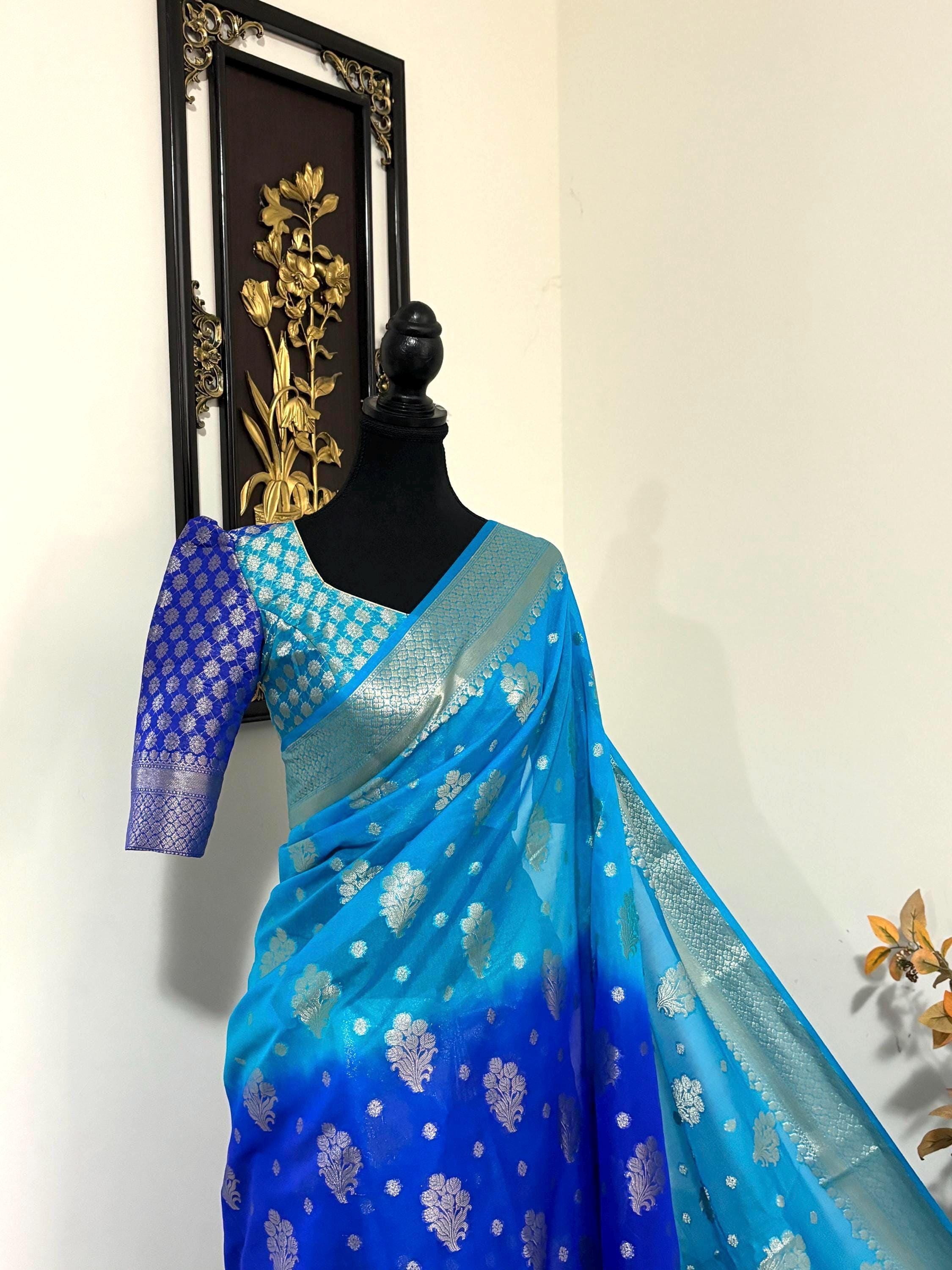 Banarasi dual shade handloom khadi georgette silk saree all over beautiful water zari weaving beautiful combinations, any color possible