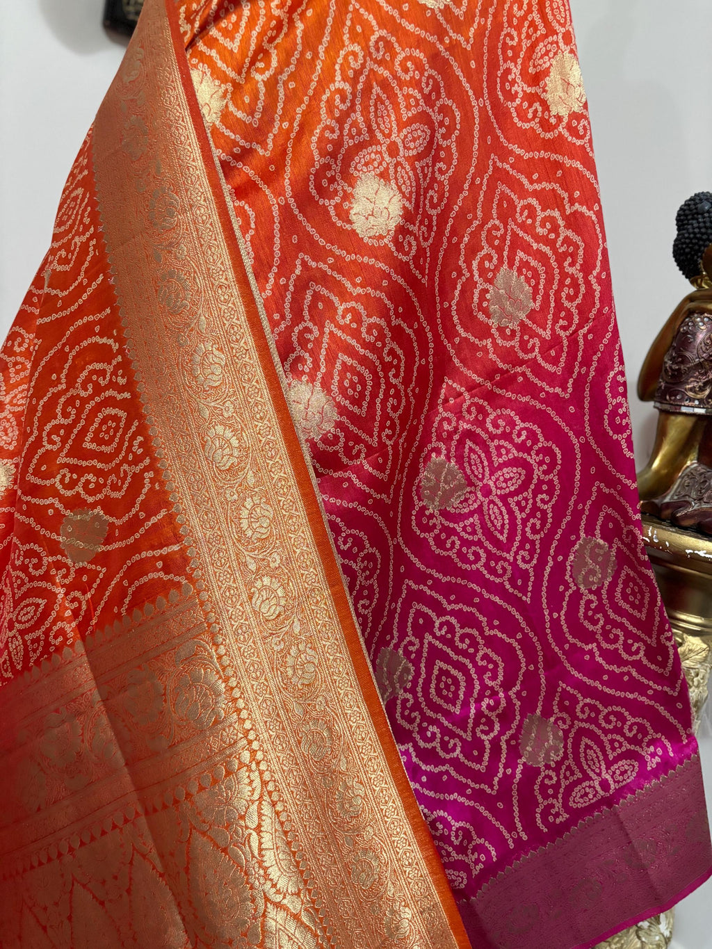 Beautiful cocktail dual shade  bandini silk saree paired up pretty maggam blouse fits  sizes 32 -46 ready to wear prettiest blouse