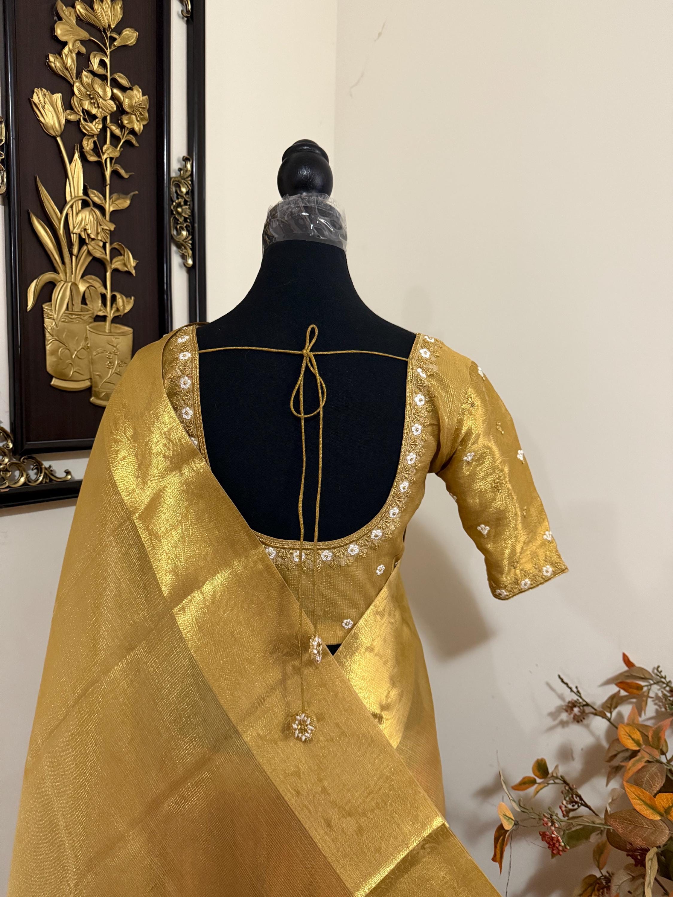 Banarasi double shades golden  tissue saree with self weaving stripes  on all over with beautifully done work blouse fits 32 to 46