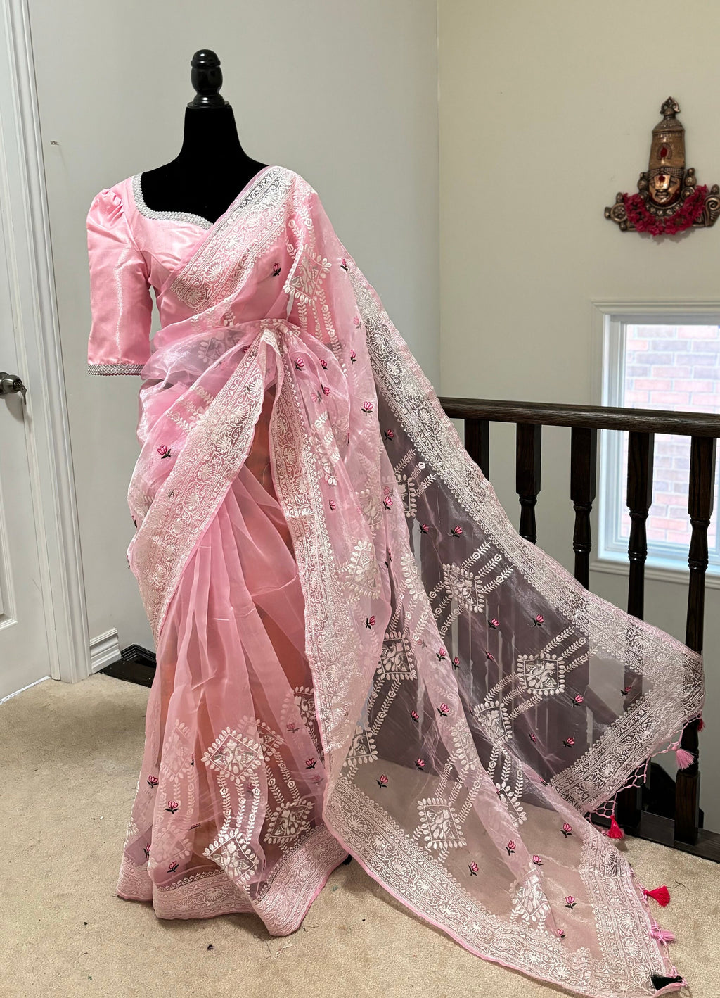 Banarasi  organza saree with beautiful chiken Kari all over the saree. Saree is ready with beautiful designer blouse that fit to 32-46 Ideal