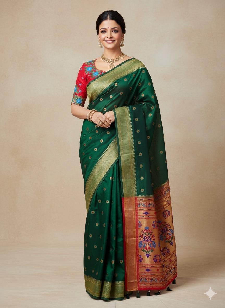 Beautiful pythani pure silk saree with   ready to wear beautiful  work blouse fits up to 32 to 46 Bottle green color, saree is ready to wear