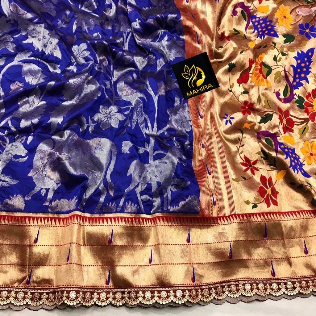 Beautiful soft paithani silk saree with all over zari weaving along with contrast munia border and pretty sequins lace border