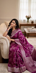 Beautiful banarasi saree with silver Zari weaving all over the saree paired up with pretty ready to wear  blouse that fits to 32 to 46