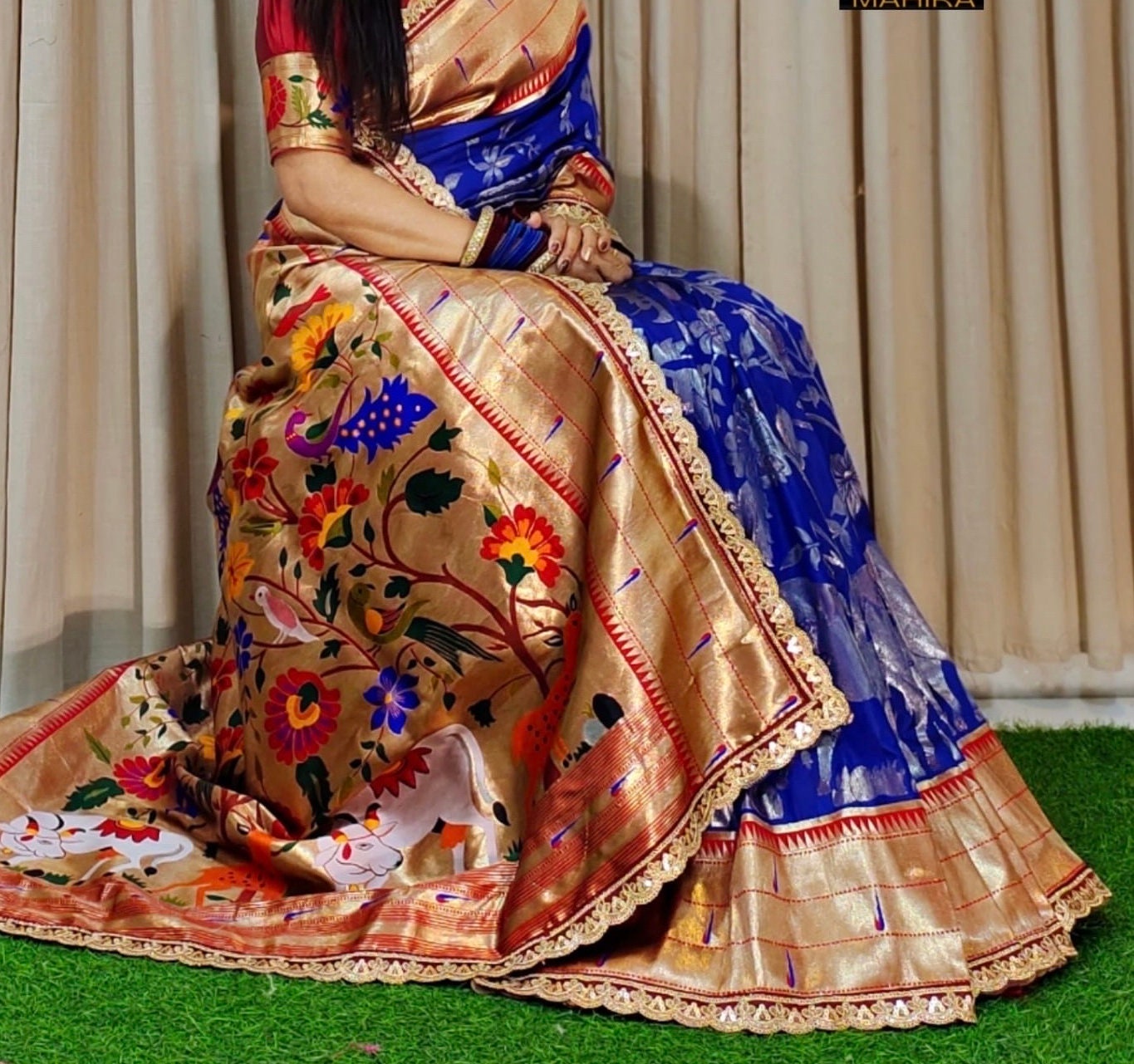 Beautiful soft paithani silk saree with all over zari weaving along with contrast munia border and pretty sequins lace border