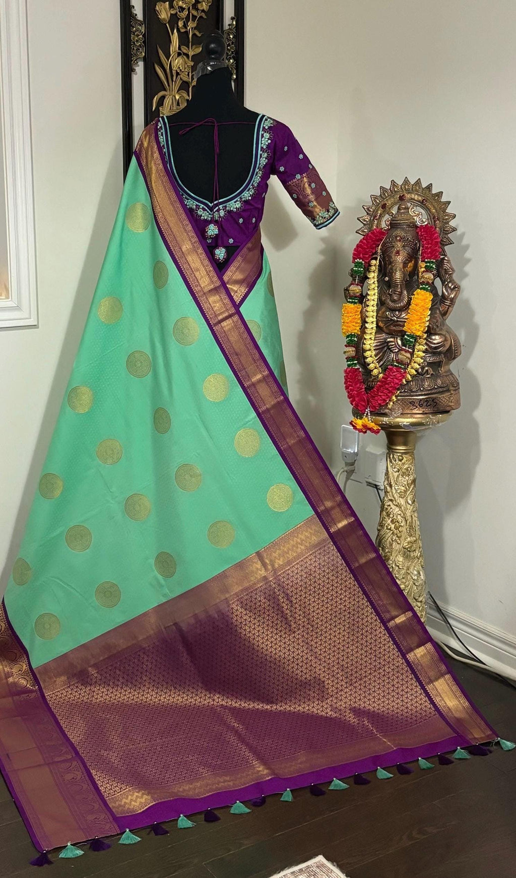 Kanchipuram soft silk saree in rare colors with beautifully done hand  made embroidered blouse with ready to wear work blouse fits 32 to 46