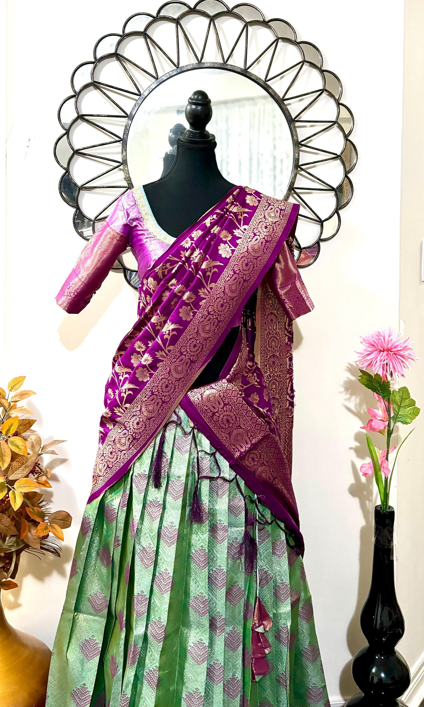 Beautiful colors Kanchi pattu Lihanga with beautiful Kanchi boarder is made of Handloom cloths ready with ready to wear blouse sizes 32 - 48