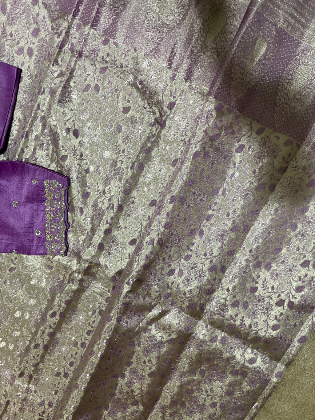 Kanchipuram tissu silk saree in rare colors with beautifully done hand  made embroidered blouse with ready to wear work blouse fits 32 to 46