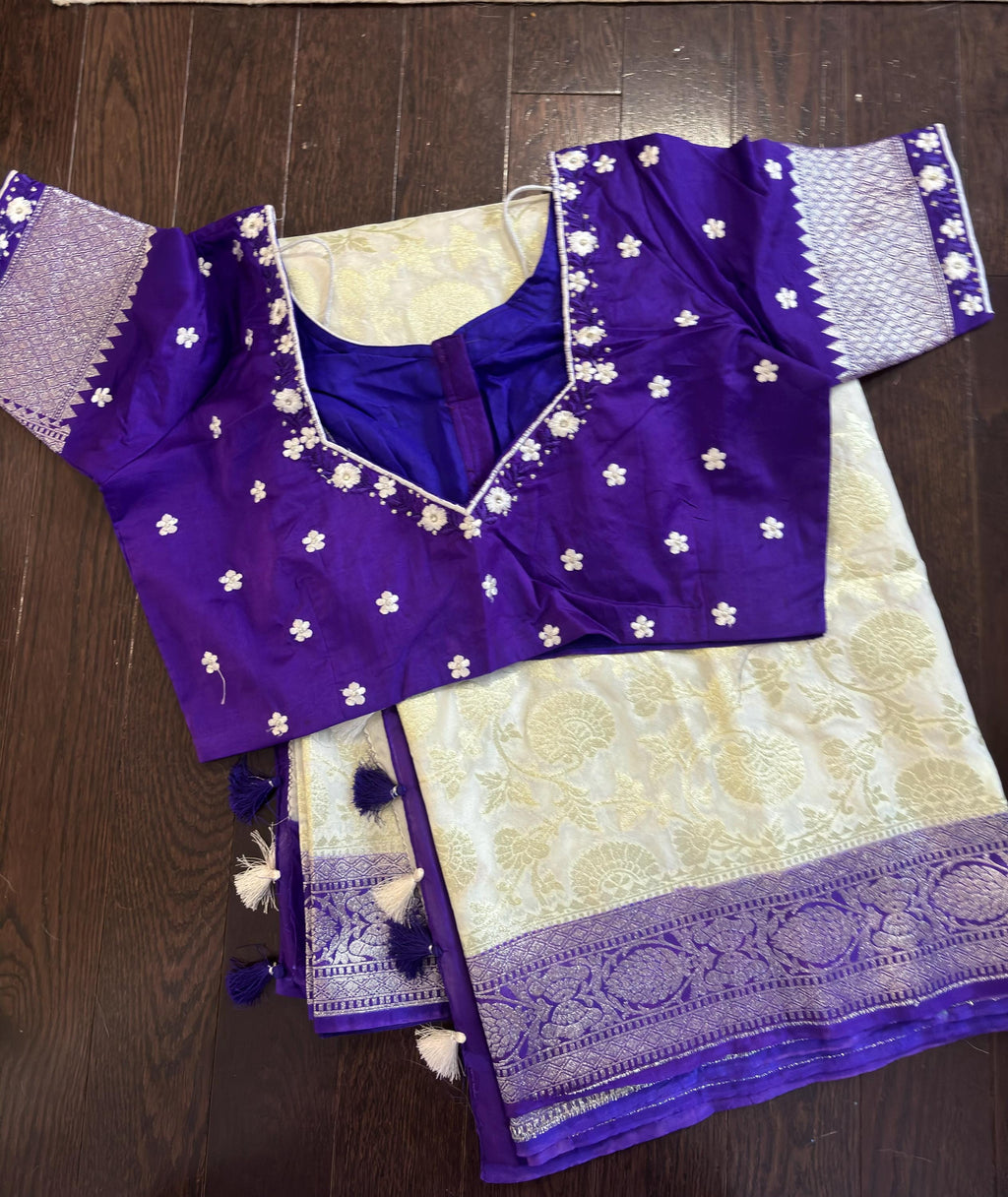 Beautiful banarasi silk saree paired up with beautiful embroidery blouse fits to 32 to 46 in beautiful rare colors all over jaal. Cocktails