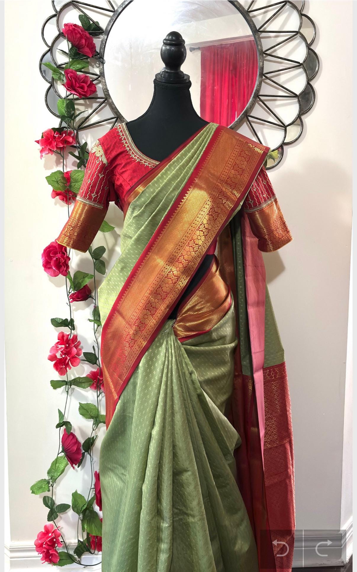 Kanchipuram soft silk saree in rare colors with beautifully done hand  made embroidered blouse with ready to wear work blouse fits 32 to 46