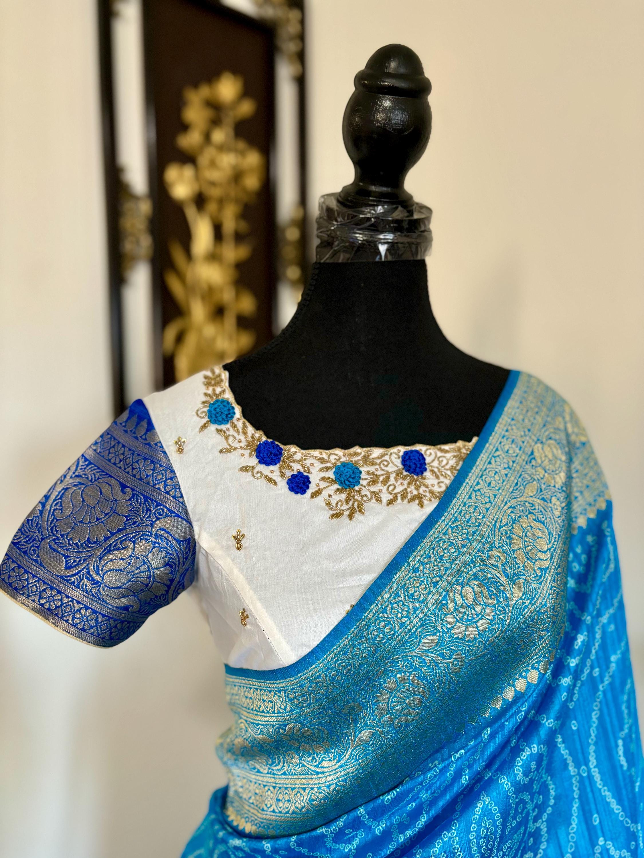 Beautiful cocktail dual shade banarasi  bandhini silk saree paired up pretty maggam blouse fits  sizes 32 -46 ready to wear prettiest blouse
