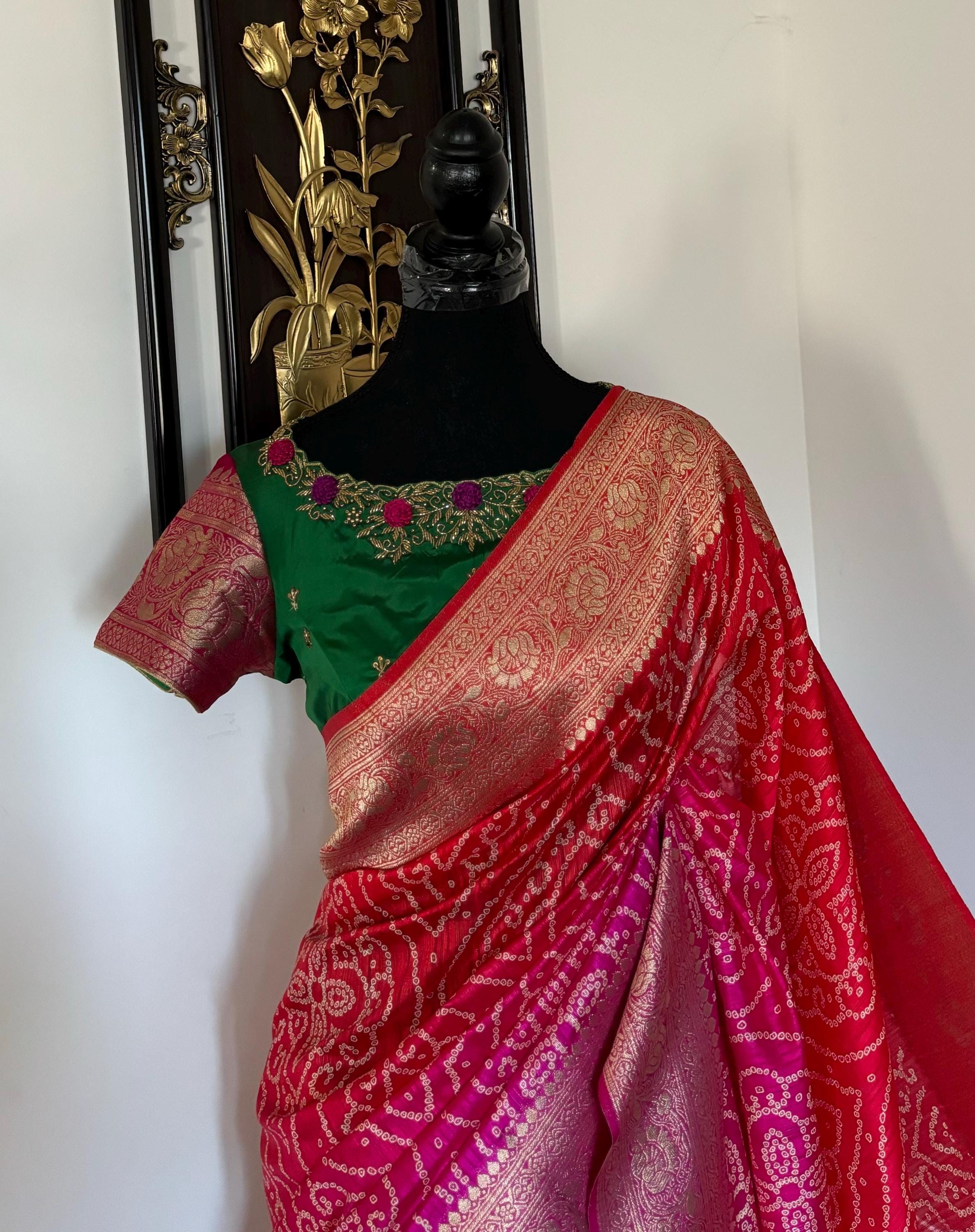 Beautiful cocktail dual shade banarasi  bandhini silk saree paired up pretty maggam blouse fits  sizes 32 -46 ready to wear prettiest blouse