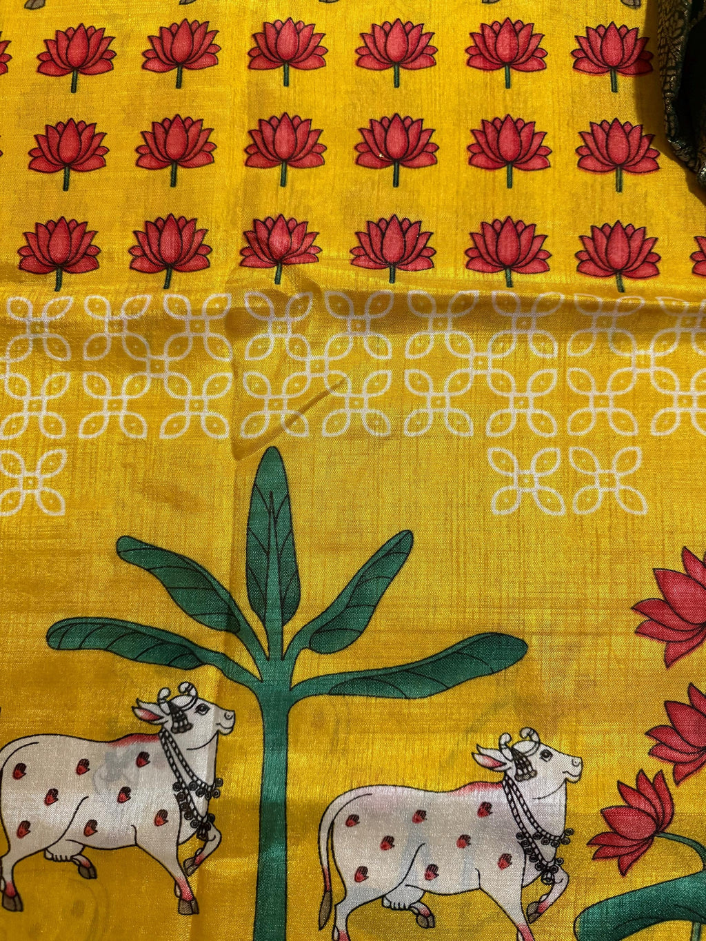 Beautiful Pichwai Kalamkari Prints soft silk saree with Kanchi boarder lotus and cow  prints Saree is ready with blouse and fall and pico