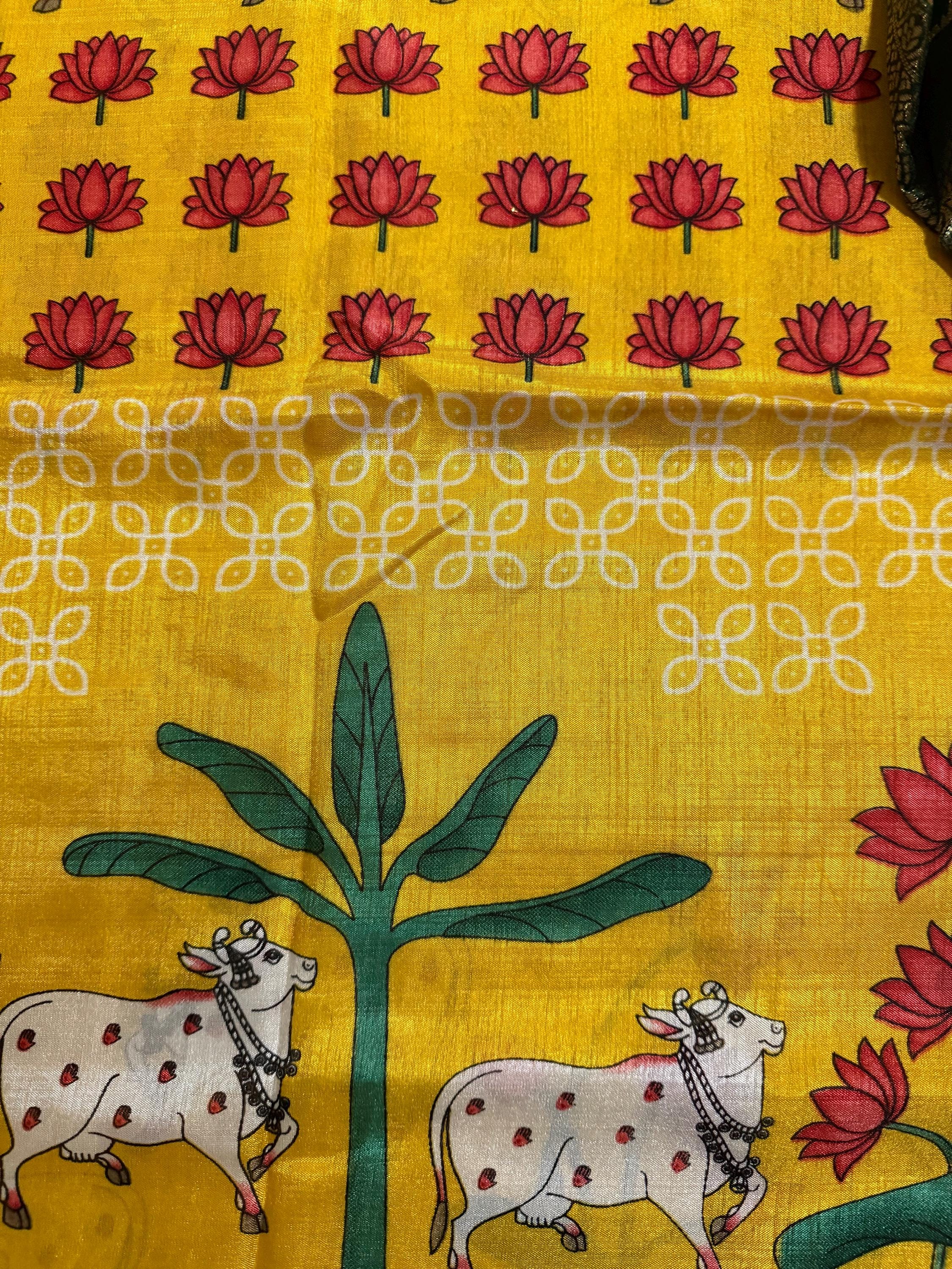 Beautiful Pichwai Kalamkari Prints soft silk saree with Kanchi boarder lotus and cow  prints Saree is ready with blouse and fall and pico